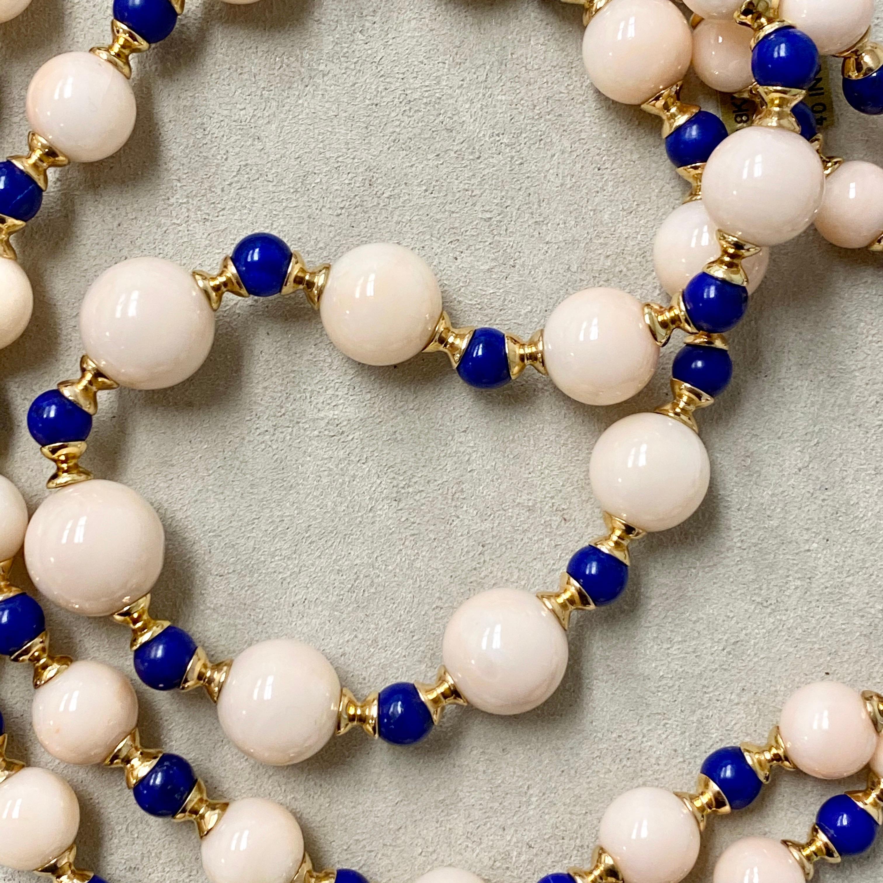 Contemporary Syna Angel Skin Coral Lapis Lazuli Yellow Gold Bead Necklace