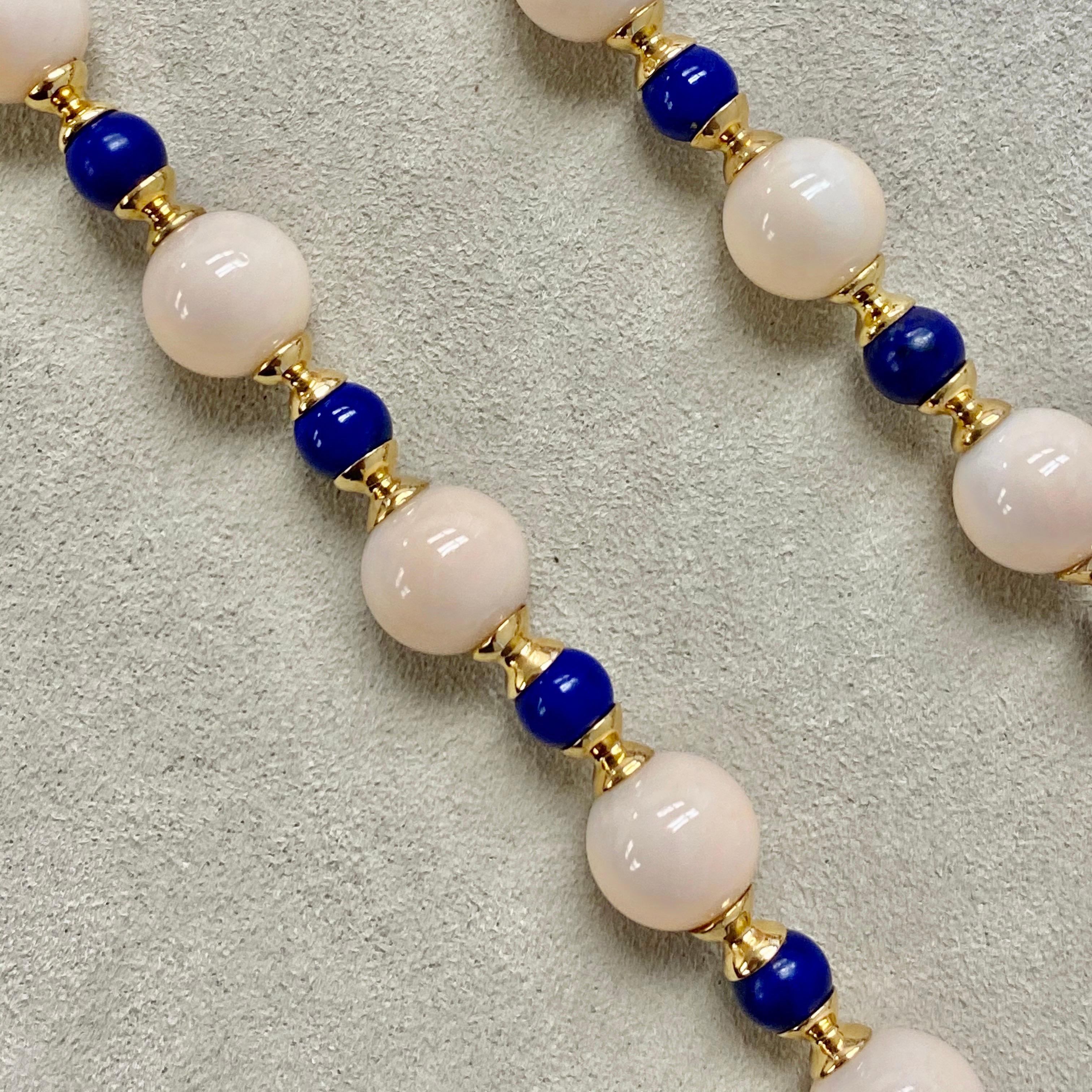 Syna Angel Skin Coral Lapis Lazuli Yellow Gold Bead Necklace In New Condition In Fort Lee, NJ