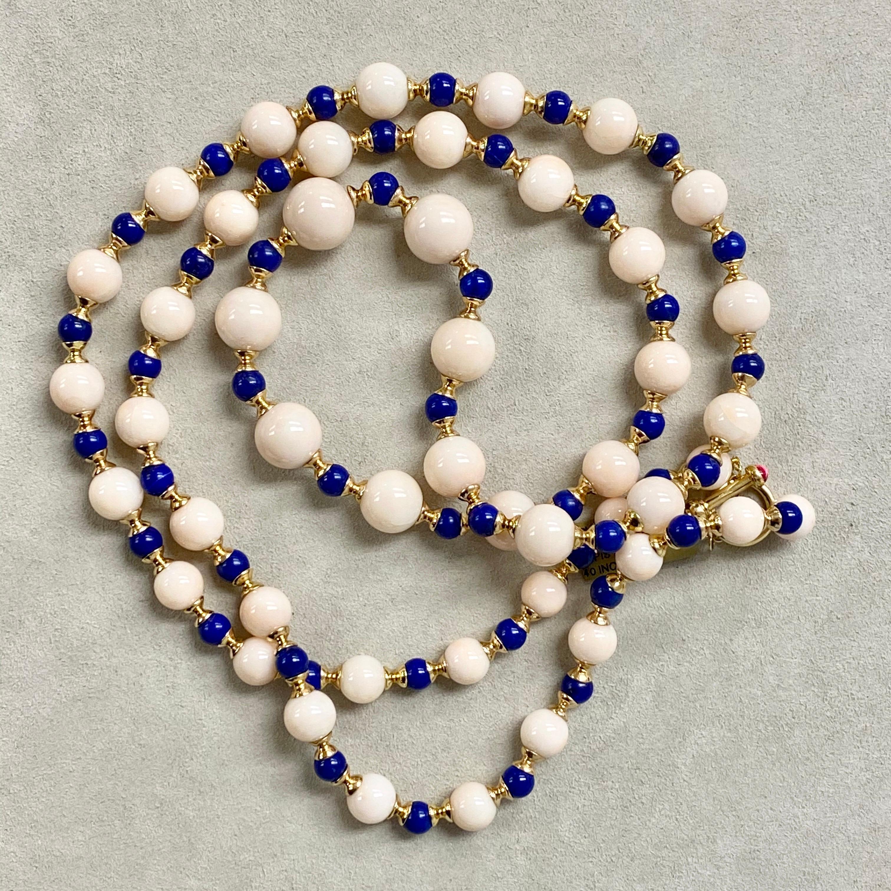 Women's Syna Angel Skin Coral Lapis Lazuli Yellow Gold Bead Necklace