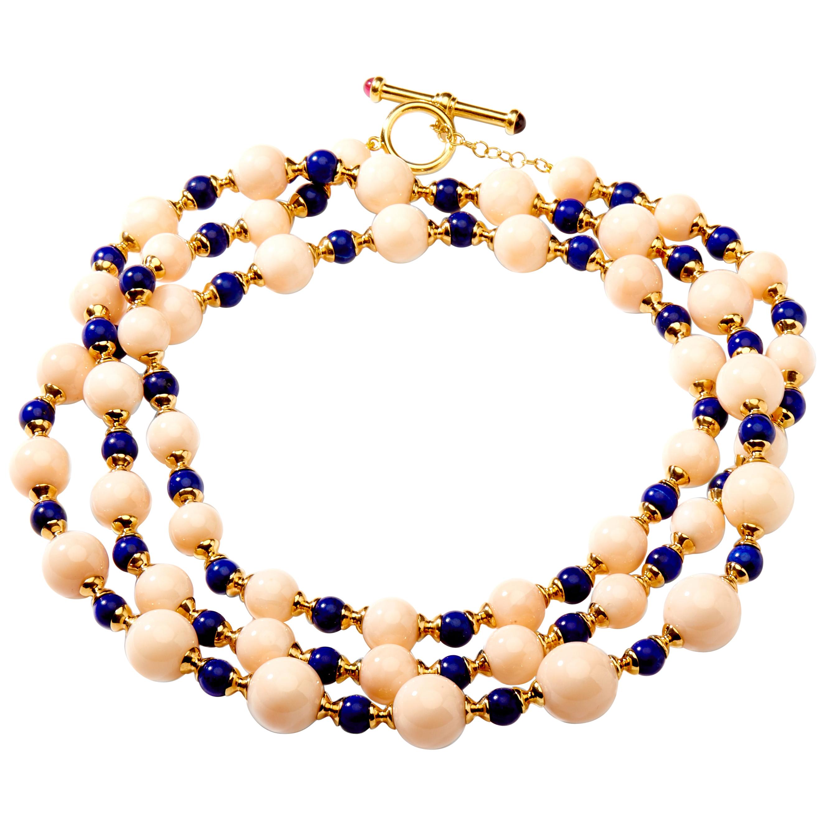 Syna Angel Skin Coral Lapis Lazuli Yellow Gold Bead Necklace