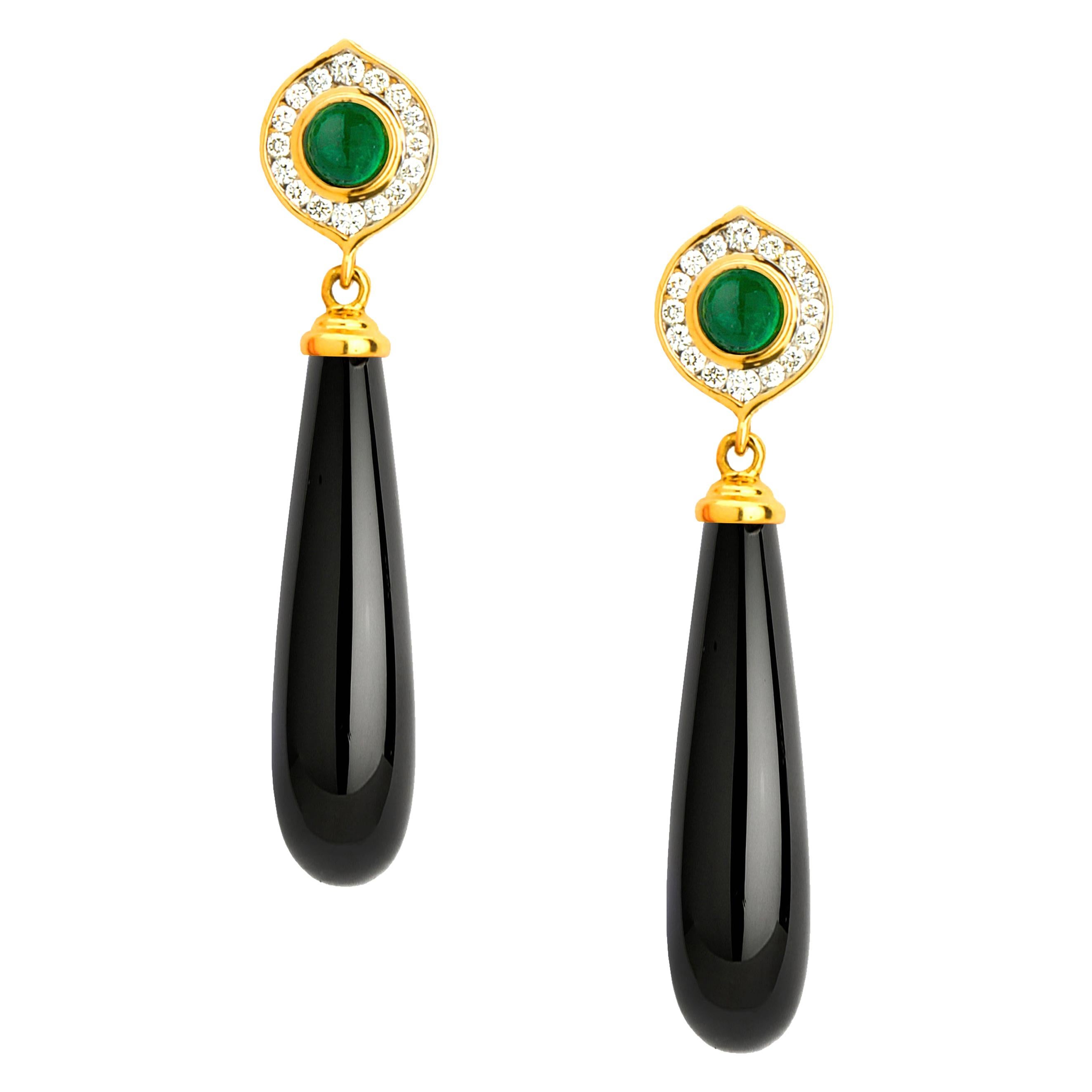 Syna Black Onyx Yellow Gold Earrings with Emeralds and Diamonds For Sale