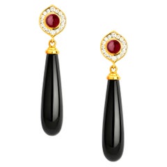 Syna Black Onyx Yellow Gold Earrings with Rubies and Diamonds