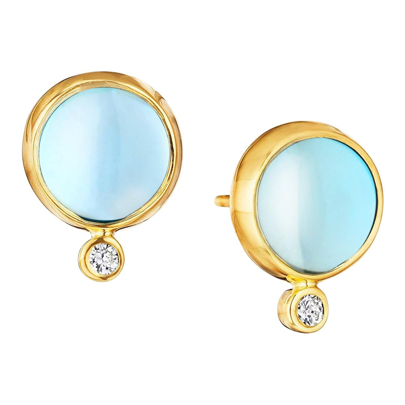 Syna Blue Topaz Yellow Gold Baubles Earrings with Diamonds For Sale