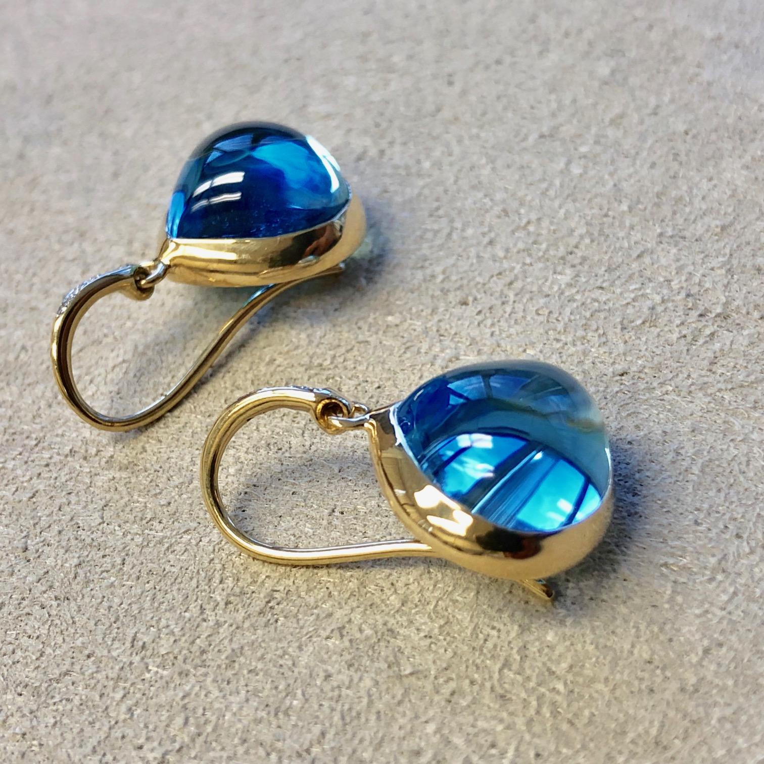 Syna Blue Topaz Yellow Gold Earrings with Diamonds In New Condition In Fort Lee, NJ