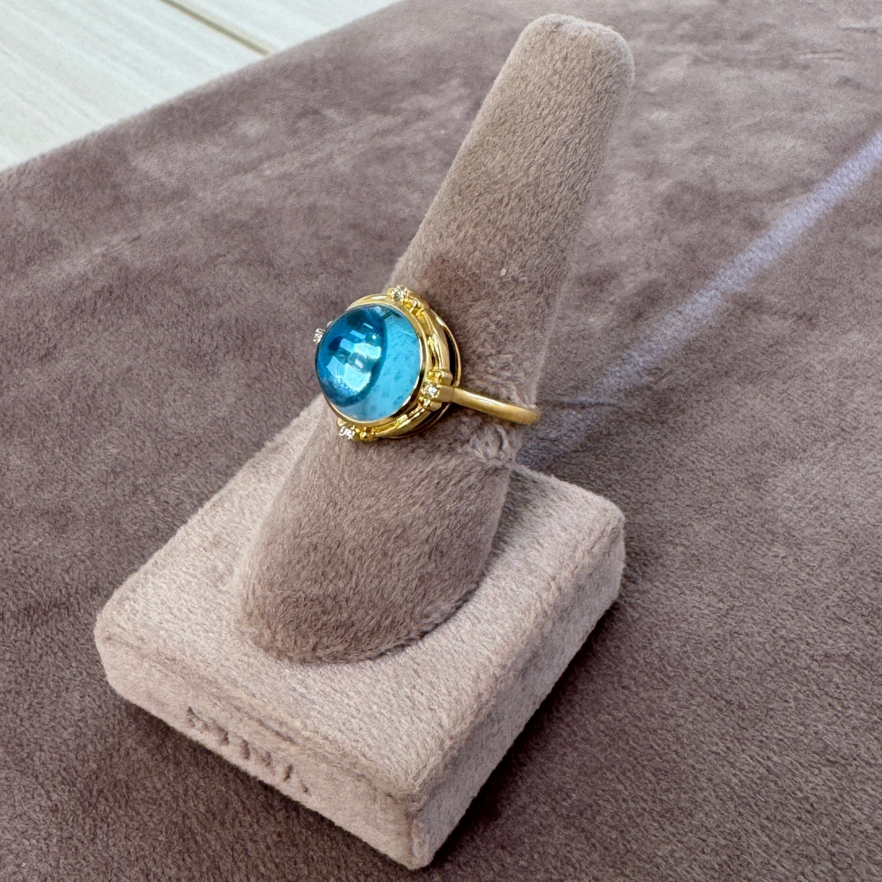 Contemporary Syna Blue Topaz Yellow Gold Ring with Diamonds For Sale