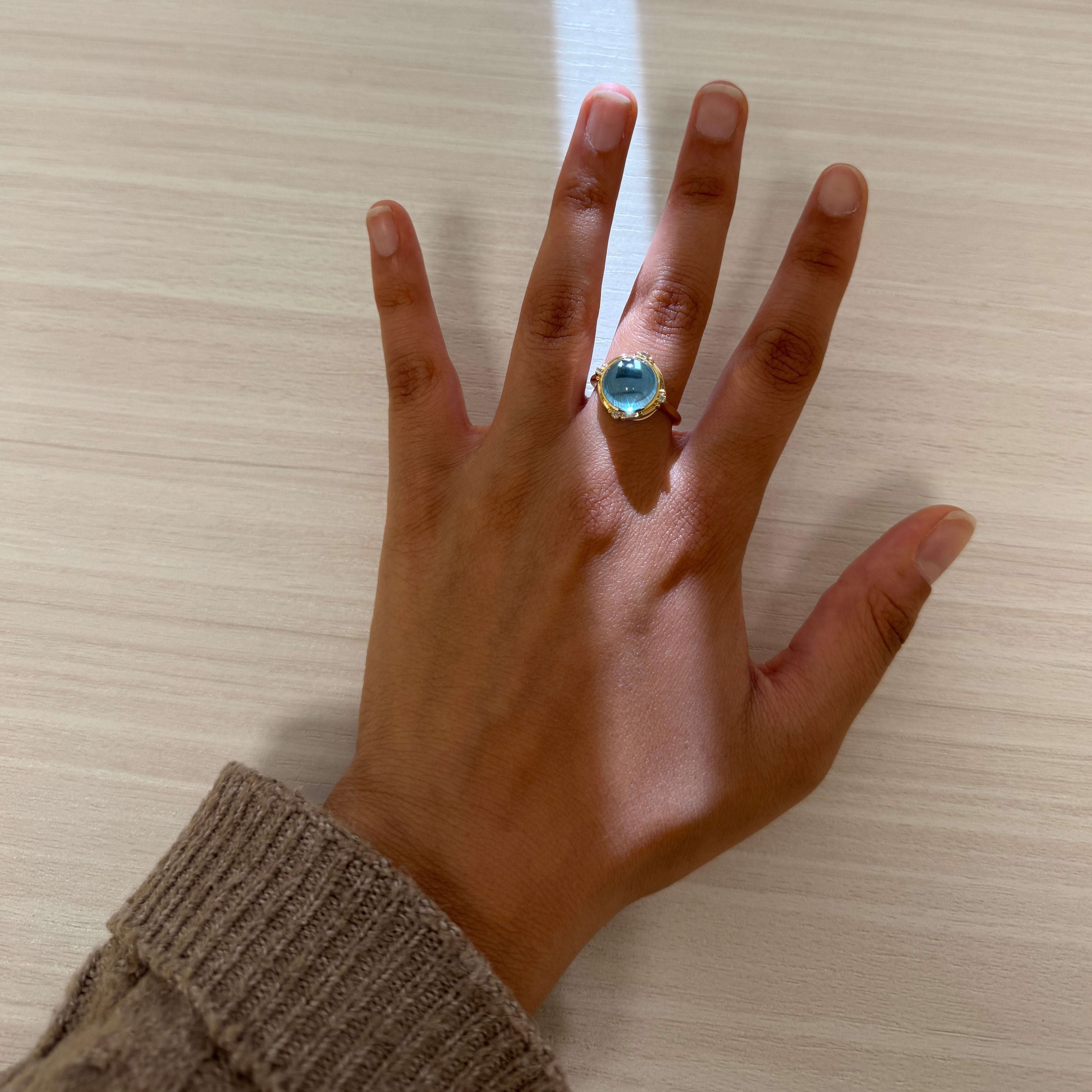Syna Blue Topaz Yellow Gold Ring with Diamonds In New Condition For Sale In Fort Lee, NJ