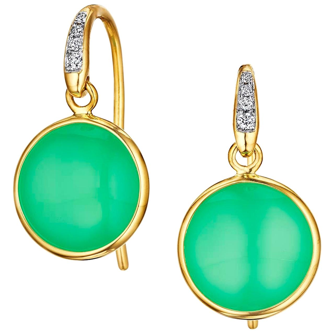 Syna Chrysophase Yellow Gold Earrings with Diamonds For Sale