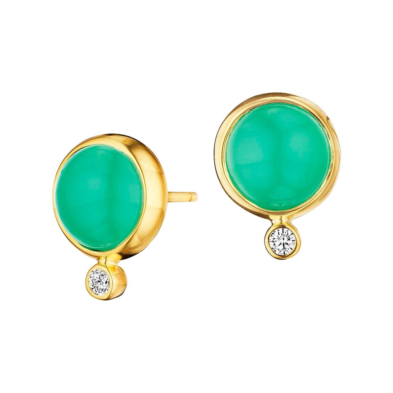 Syna Chrysophrase Yellow Gold Baubles Earrings with Diamonds For Sale