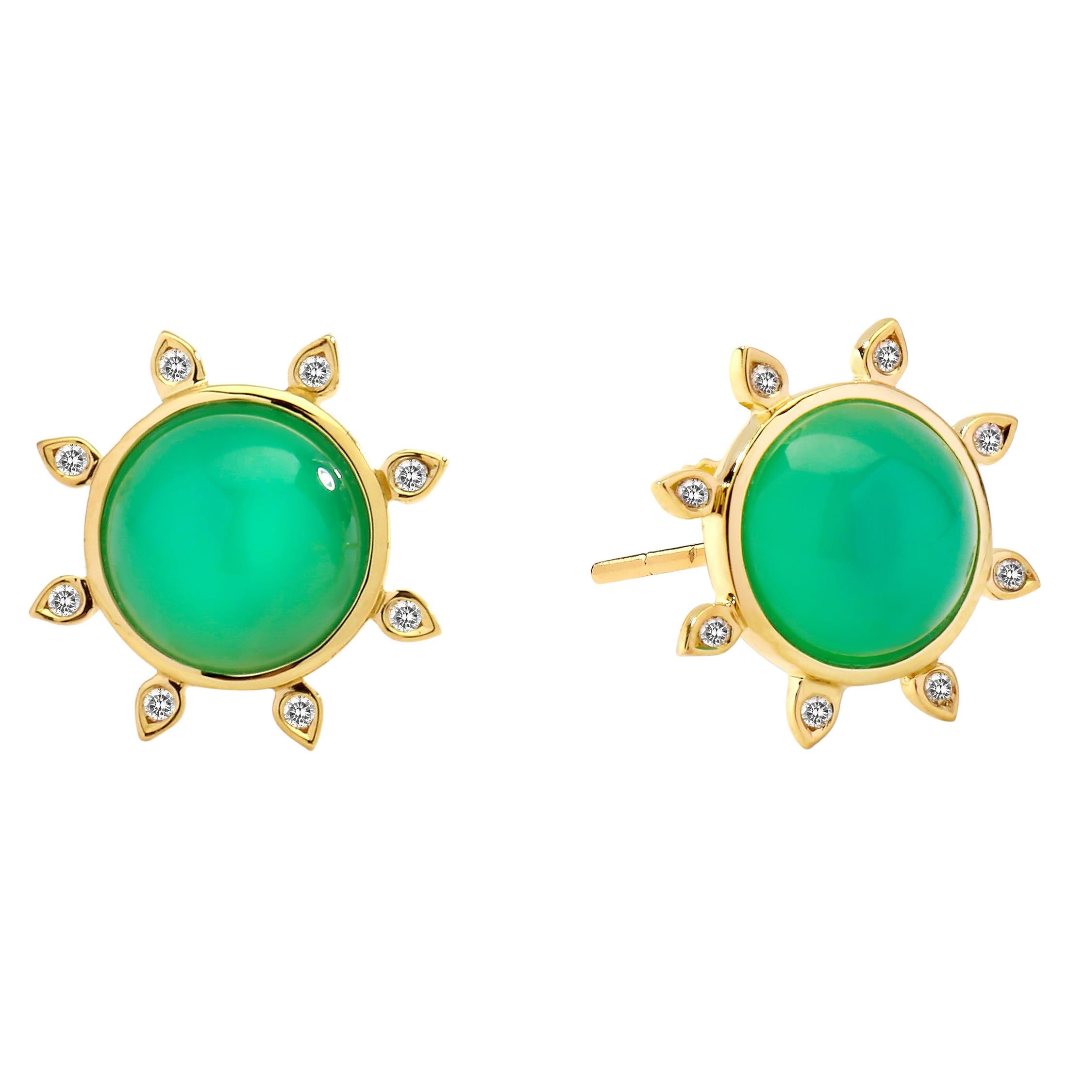 Syna Chrysoprase Yellow Gold Earrings with Diamonds For Sale