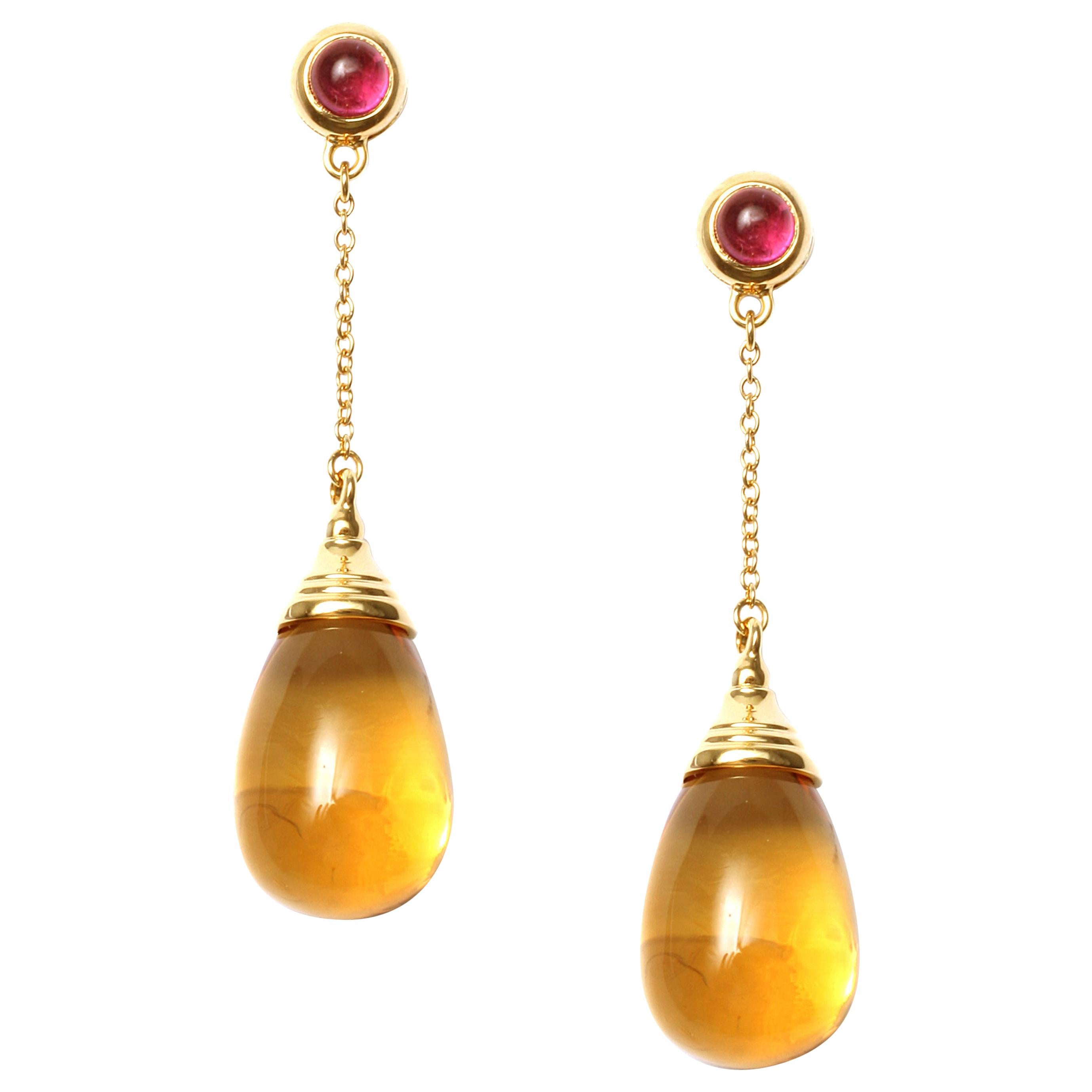 Syna Citrine and Rubellite Yellow Gold Mogul Drop Earrings For Sale