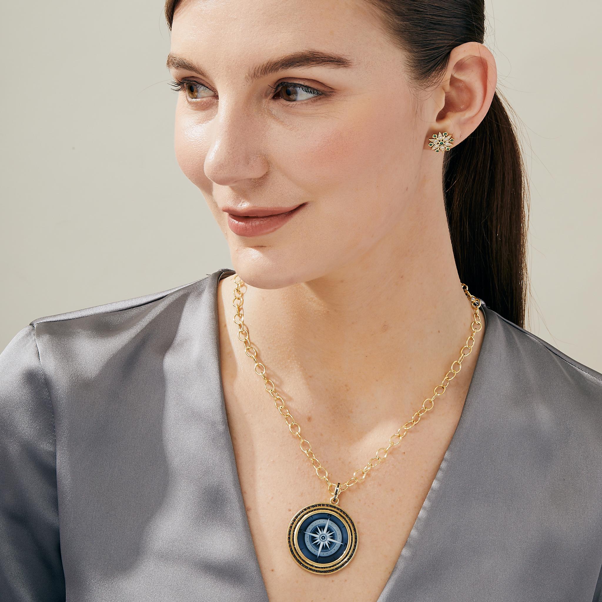 Contemporary Syna Compass Cameo Yellow Gold Pendant with Black Diamonds