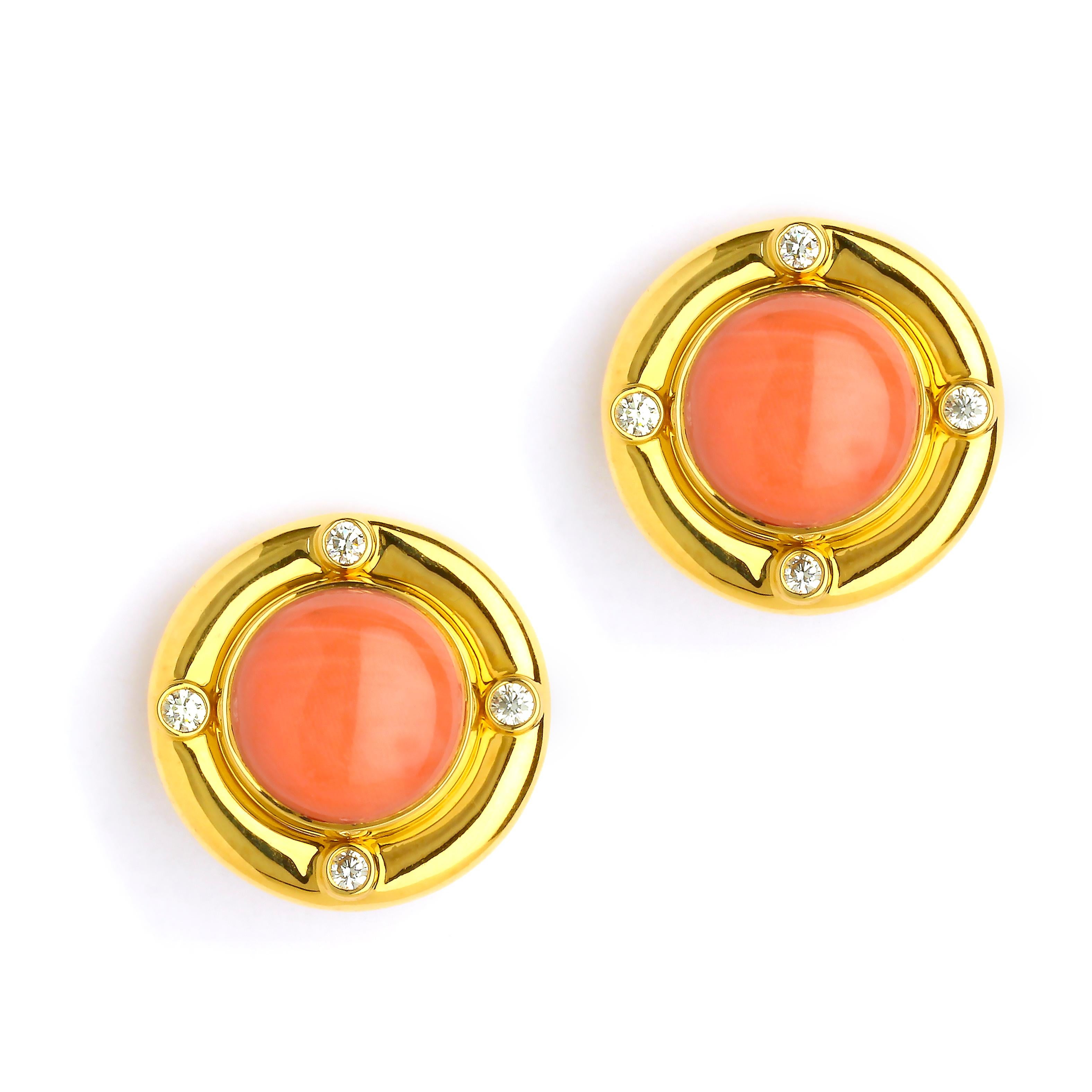 Syna Limited Edition Coral Yellow Gold Earrings with Diamonds For Sale