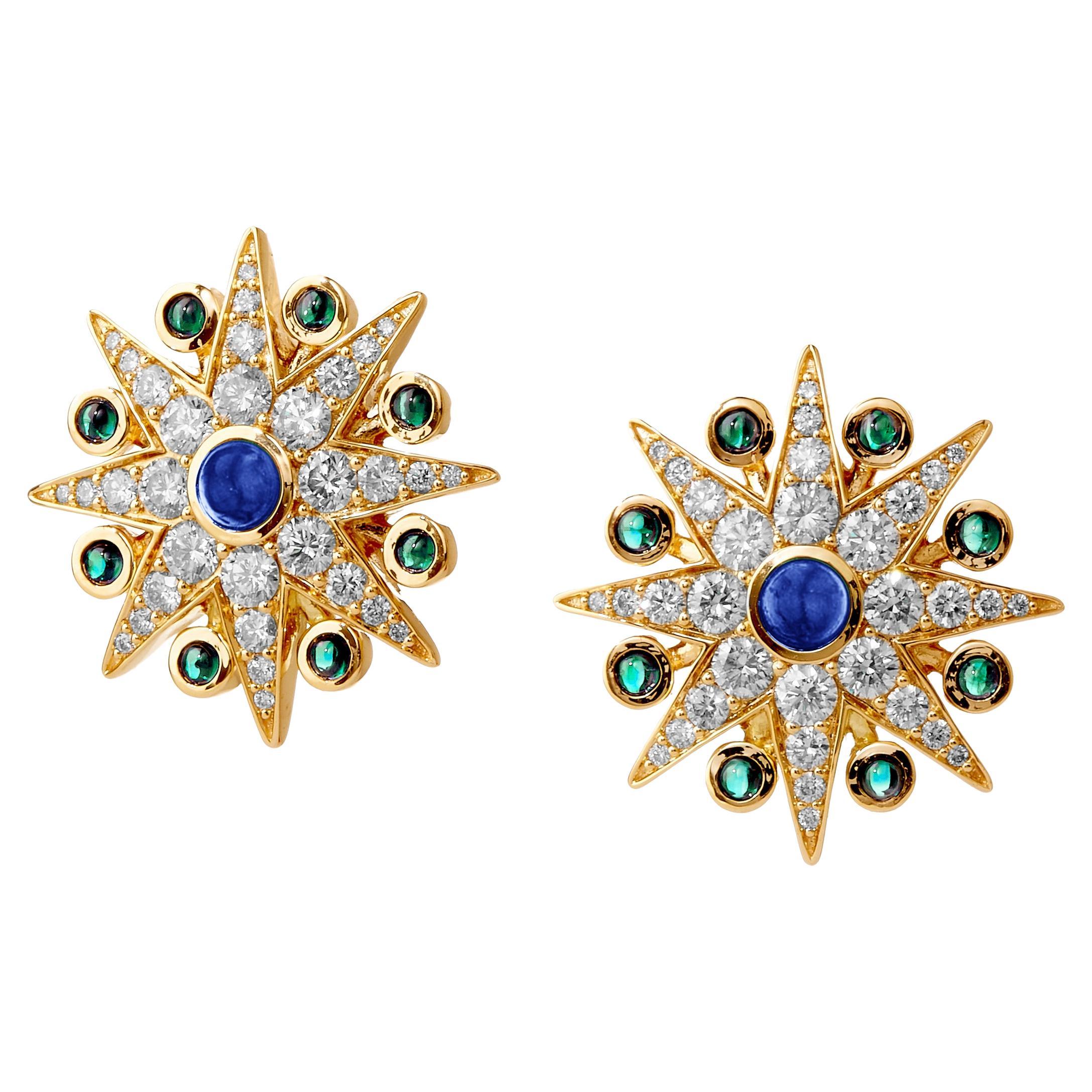 Syna Cosmic Earrings with Blue Sapphires, Emeralds and Diamonds For Sale