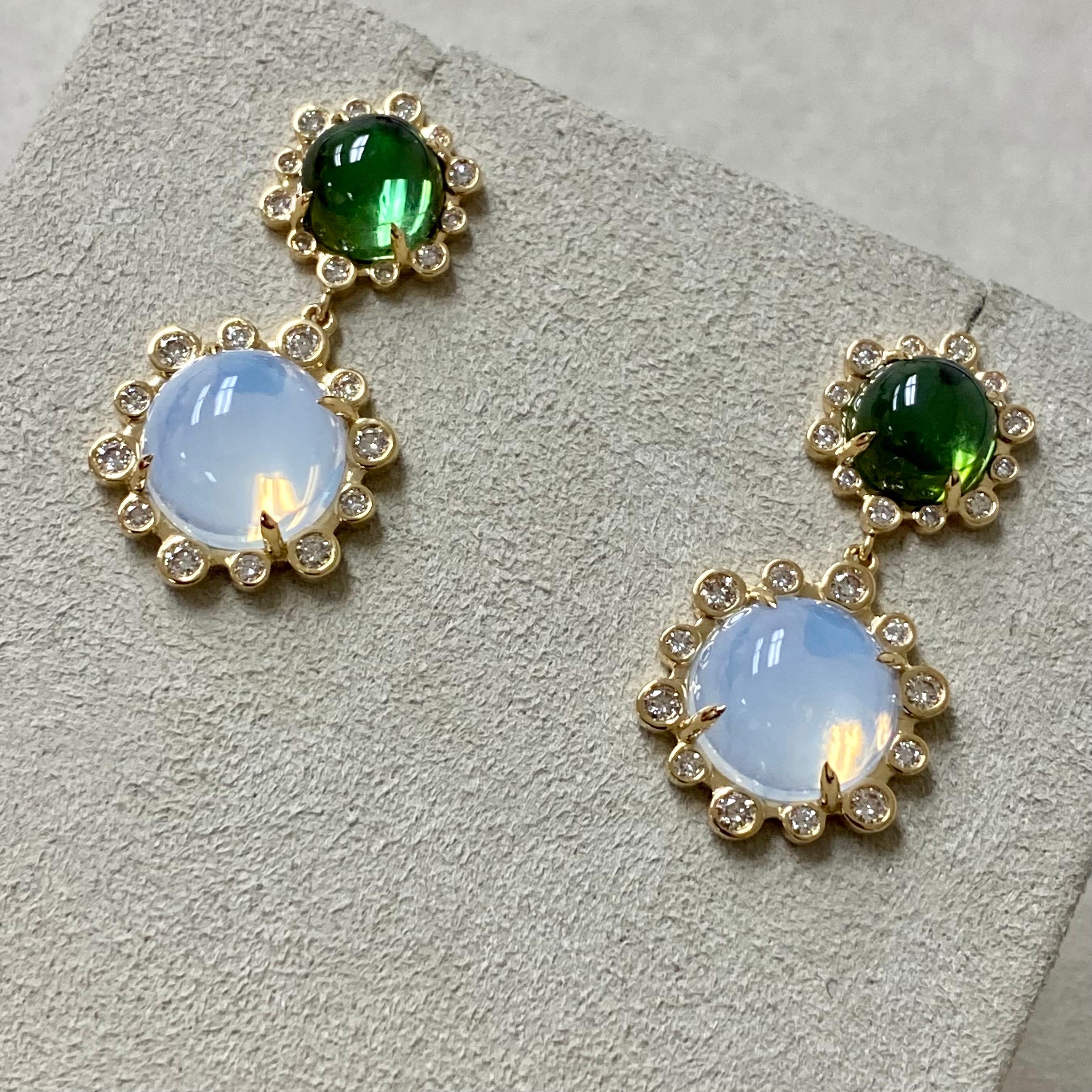 Created in 18 karat yellow gold
Green Tourmaline 5.5 carats approx.
Moon Quartz 9 carats approx.
Diamonds 0.80 carat approx.
Limited Edition

Introducing the limited edition Candy Blue Topaz and Moon Quartz Earrings, crafted in luxurious 18 karat