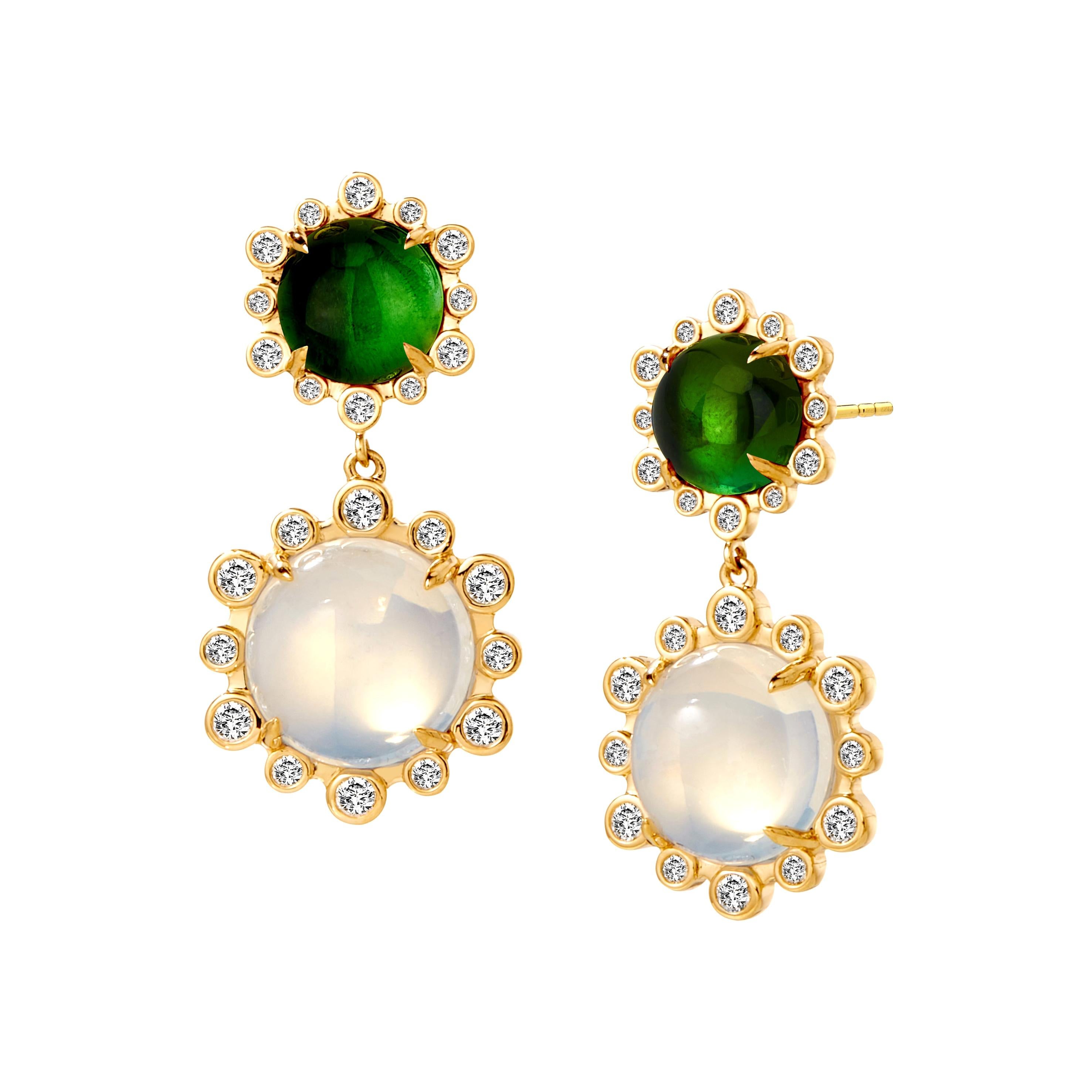 Syna Earrings with Green Tourmaline, Moon Quartz and Diamonds For Sale