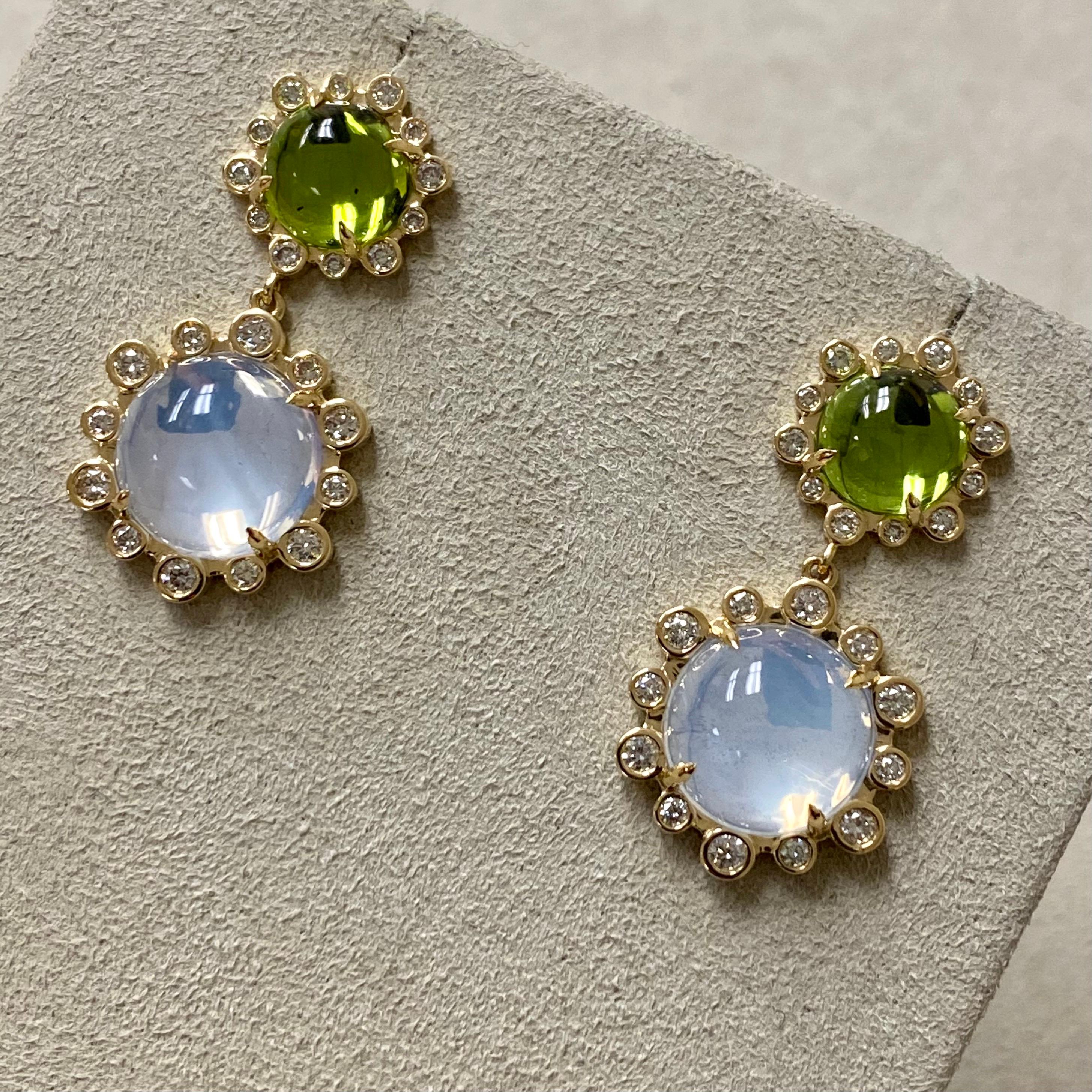 Cabochon Syna Earrings with Peridot, Moon Quartz and Champagne Diamonds For Sale