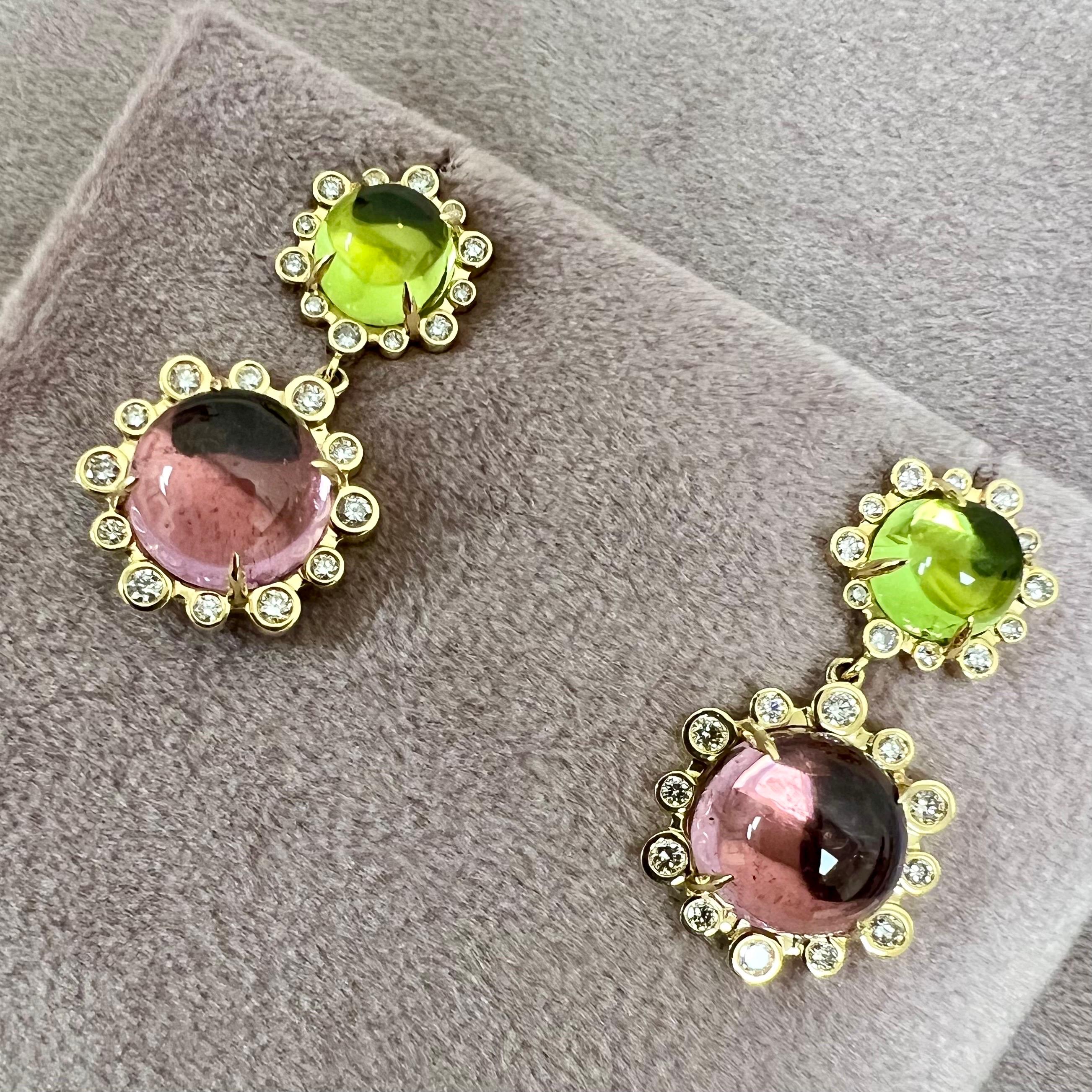 Contemporary Syna Earrings with Peridot, Rubellite and Diamonds