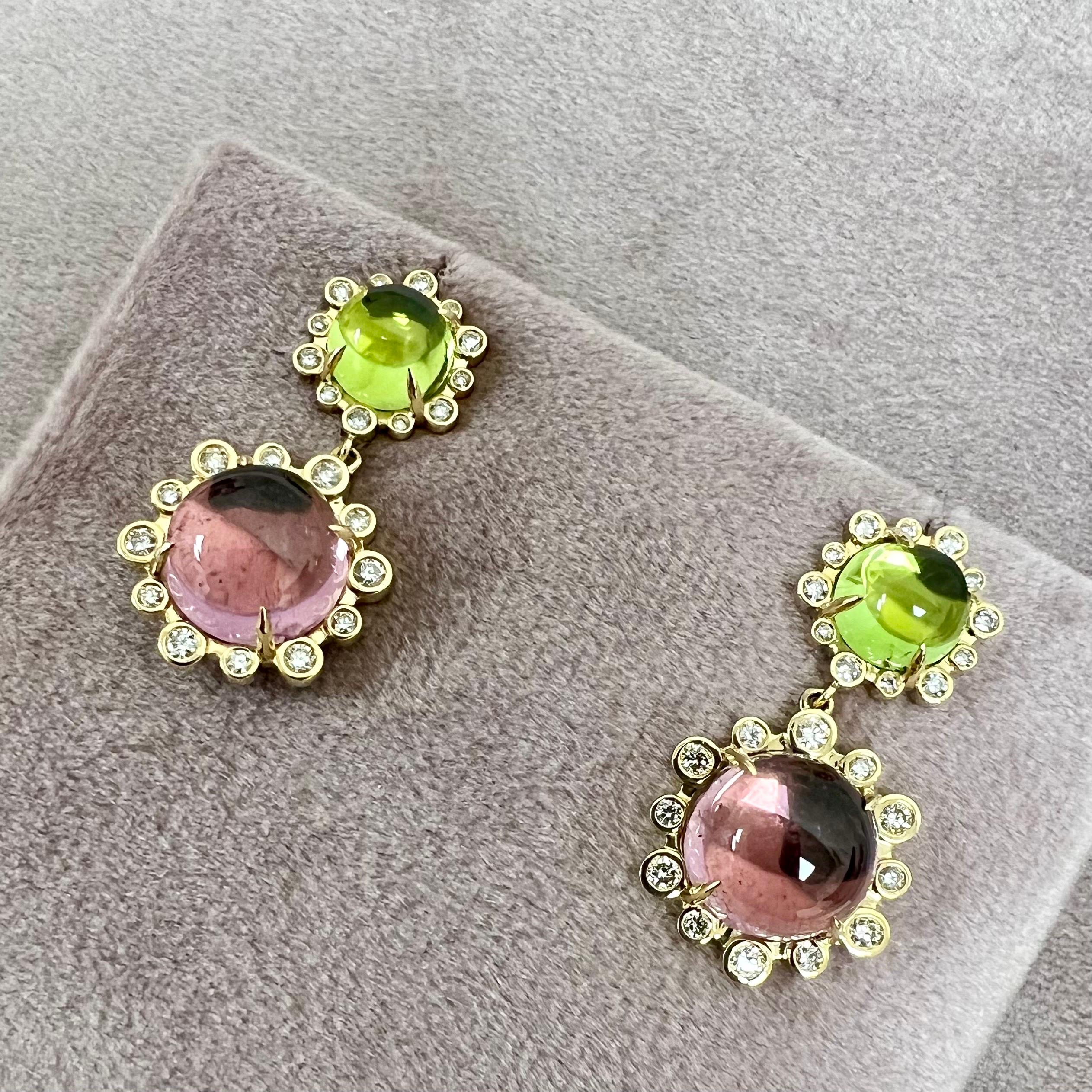 Cabochon Syna Earrings with Peridot, Rubellite and Diamonds