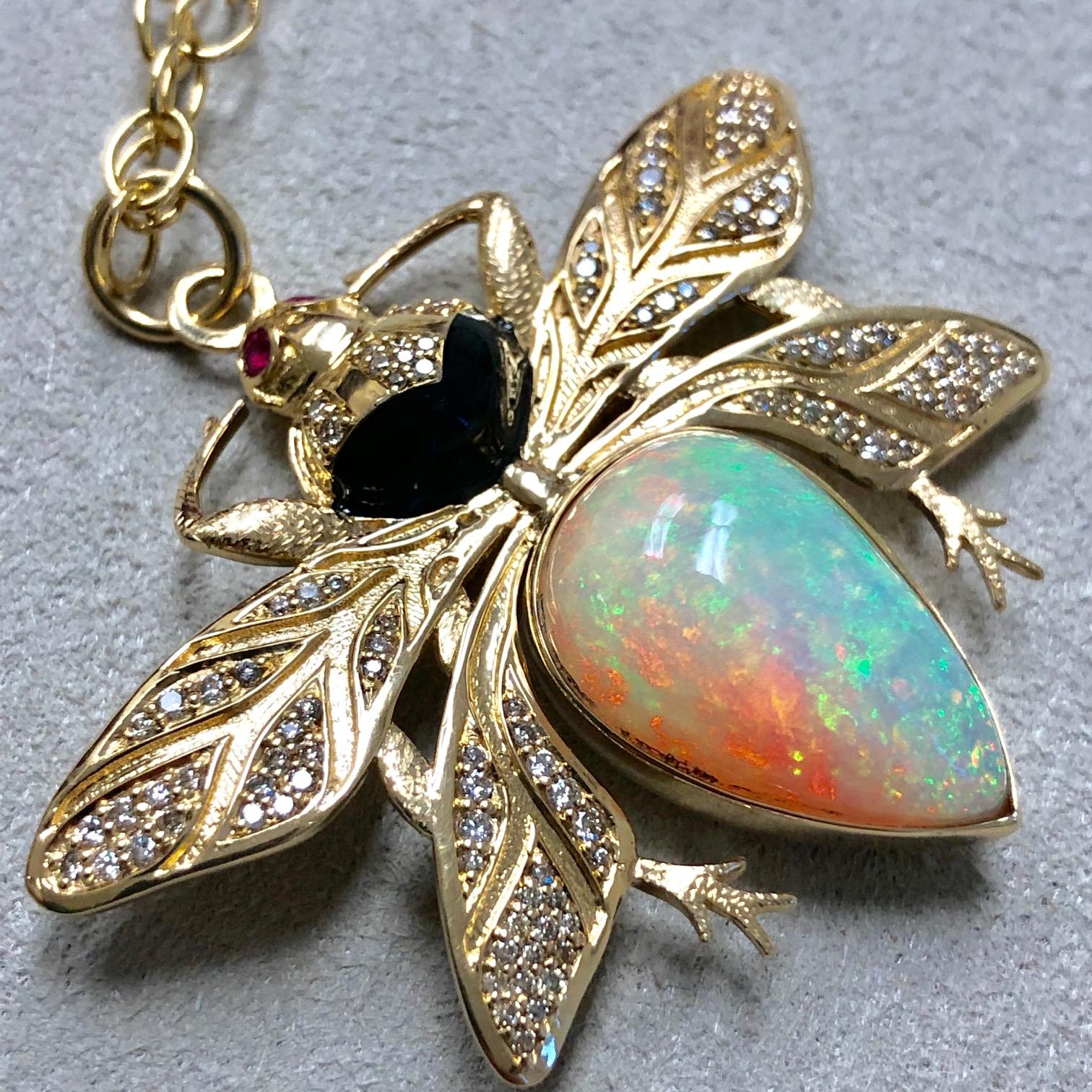 Syna Ethiopian Opal & Ruby Eyed Yellow Gold Bee Pendant with Diamonds 5