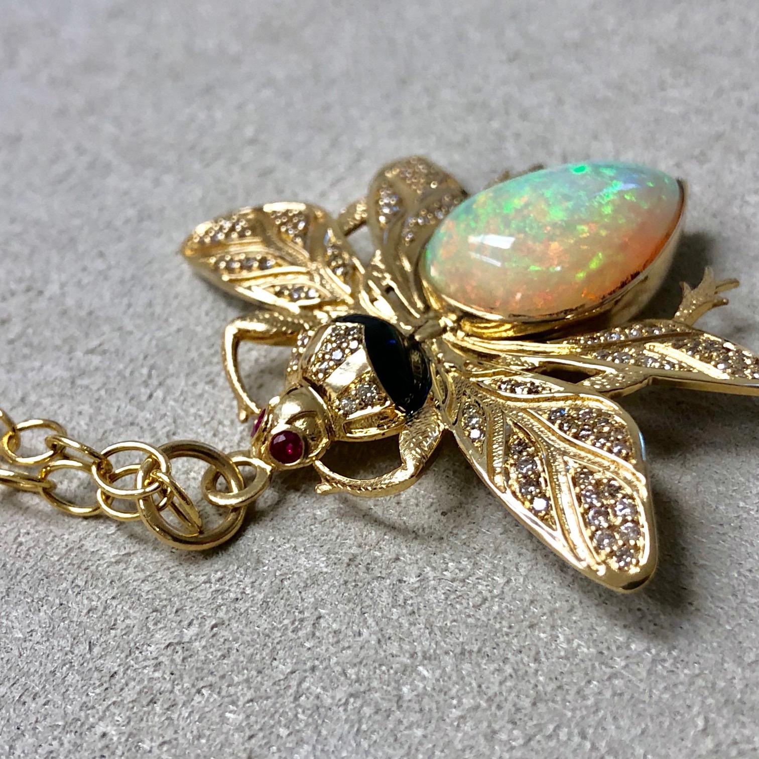 Syna Ethiopian Opal & Ruby Eyed Yellow Gold Bee Pendant with Diamonds 6