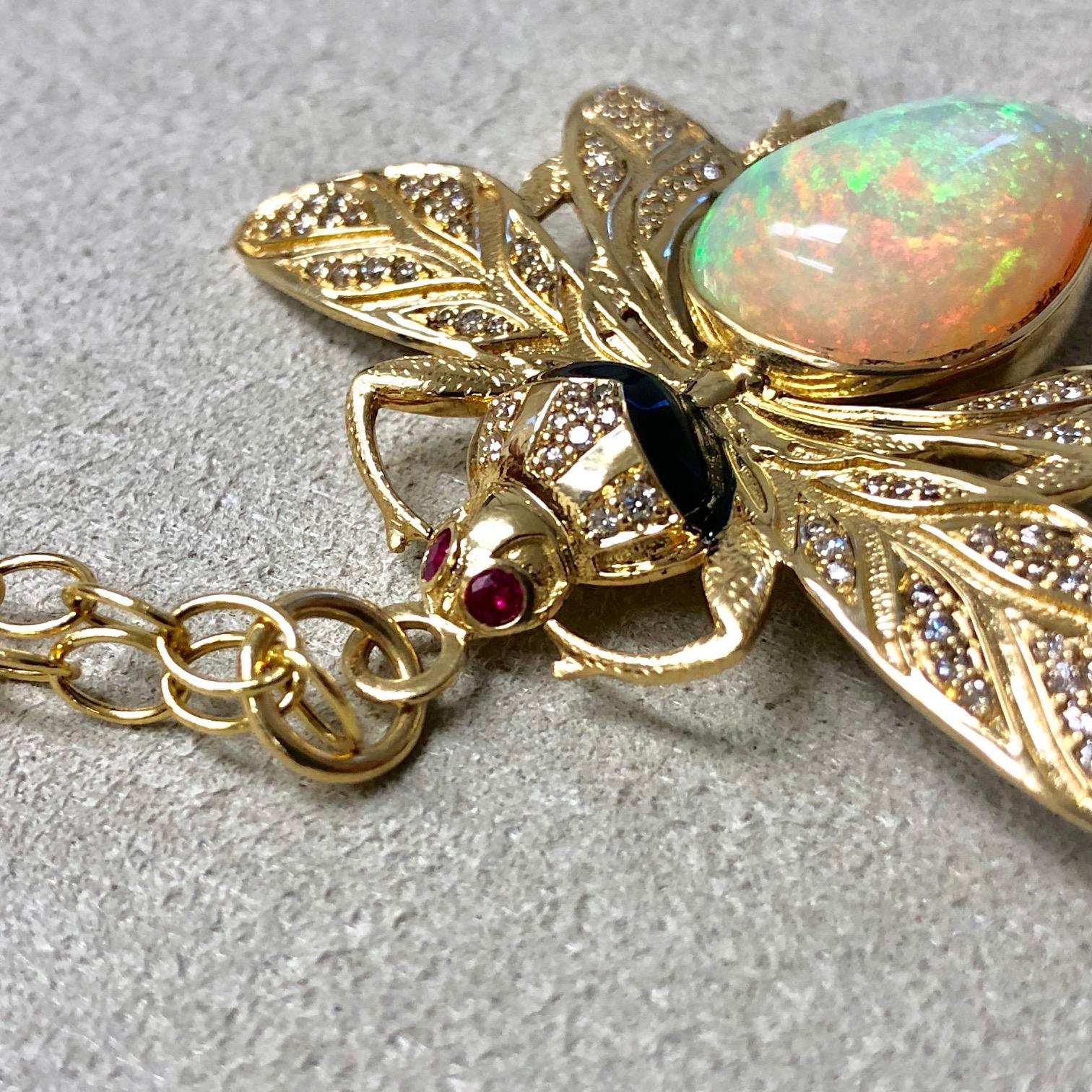 Syna Ethiopian Opal & Ruby Eyed Yellow Gold Bee Pendant with Diamonds 7