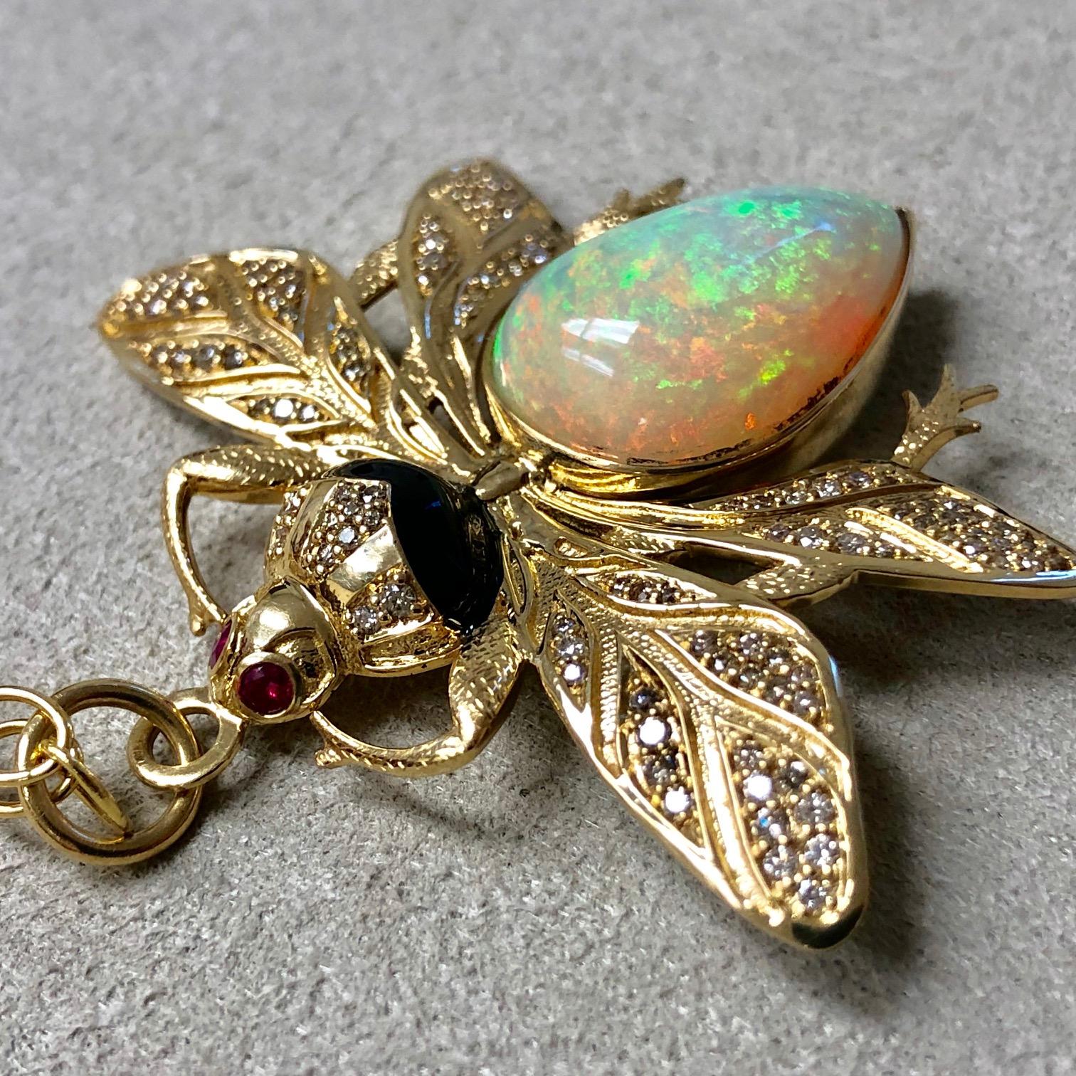 Syna Ethiopian Opal & Ruby Eyed Yellow Gold Bee Pendant with Diamonds 8
