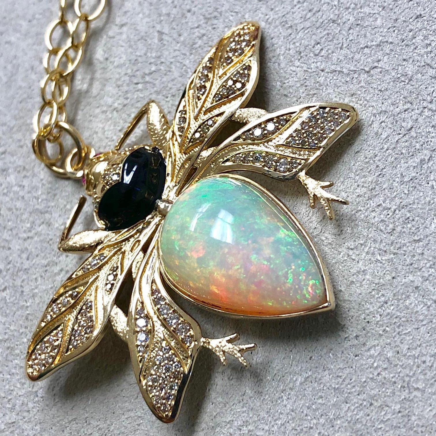 Syna Ethiopian Opal & Ruby Eyed Yellow Gold Bee Pendant with Diamonds 9