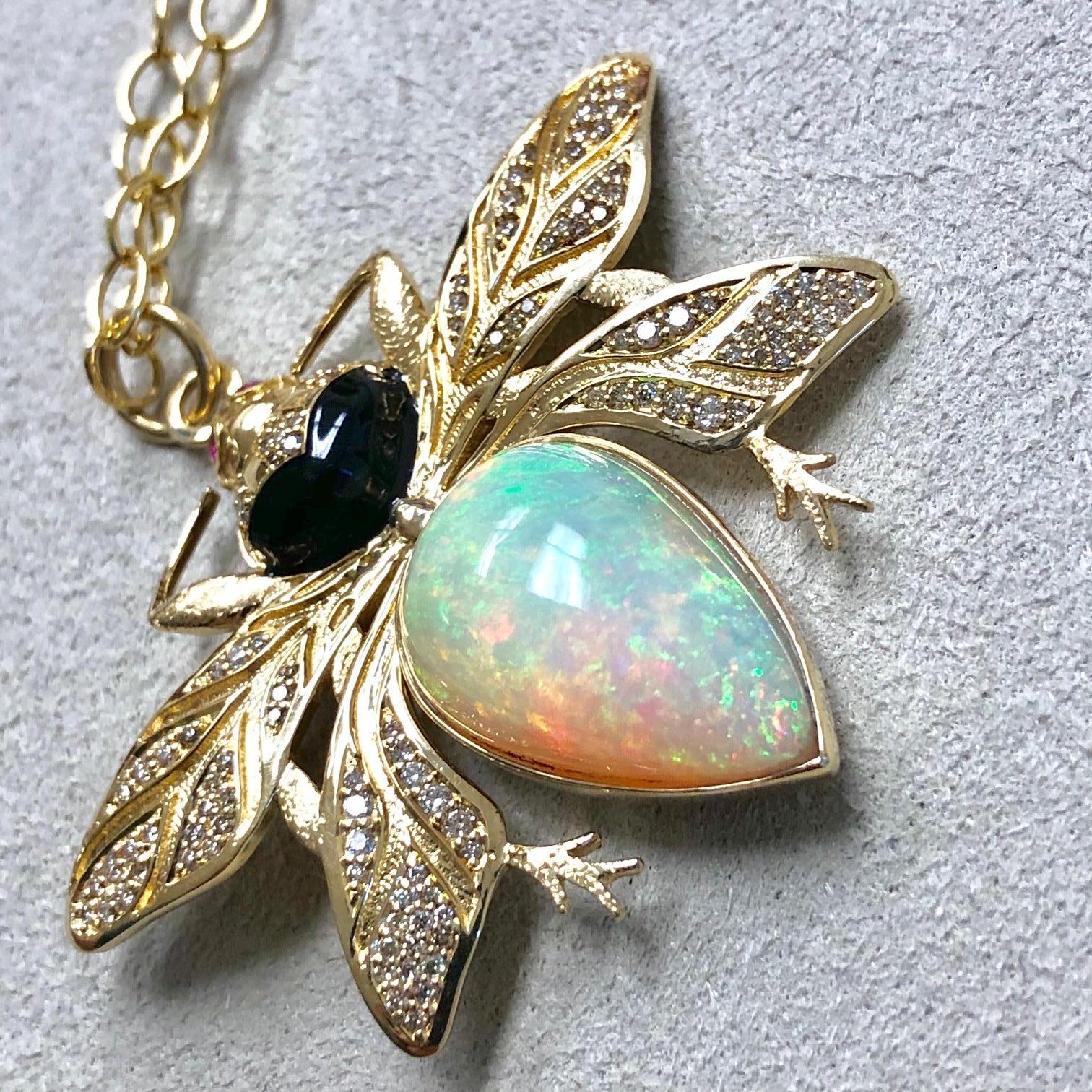 Syna Ethiopian Opal & Ruby Eyed Yellow Gold Bee Pendant with Diamonds 10