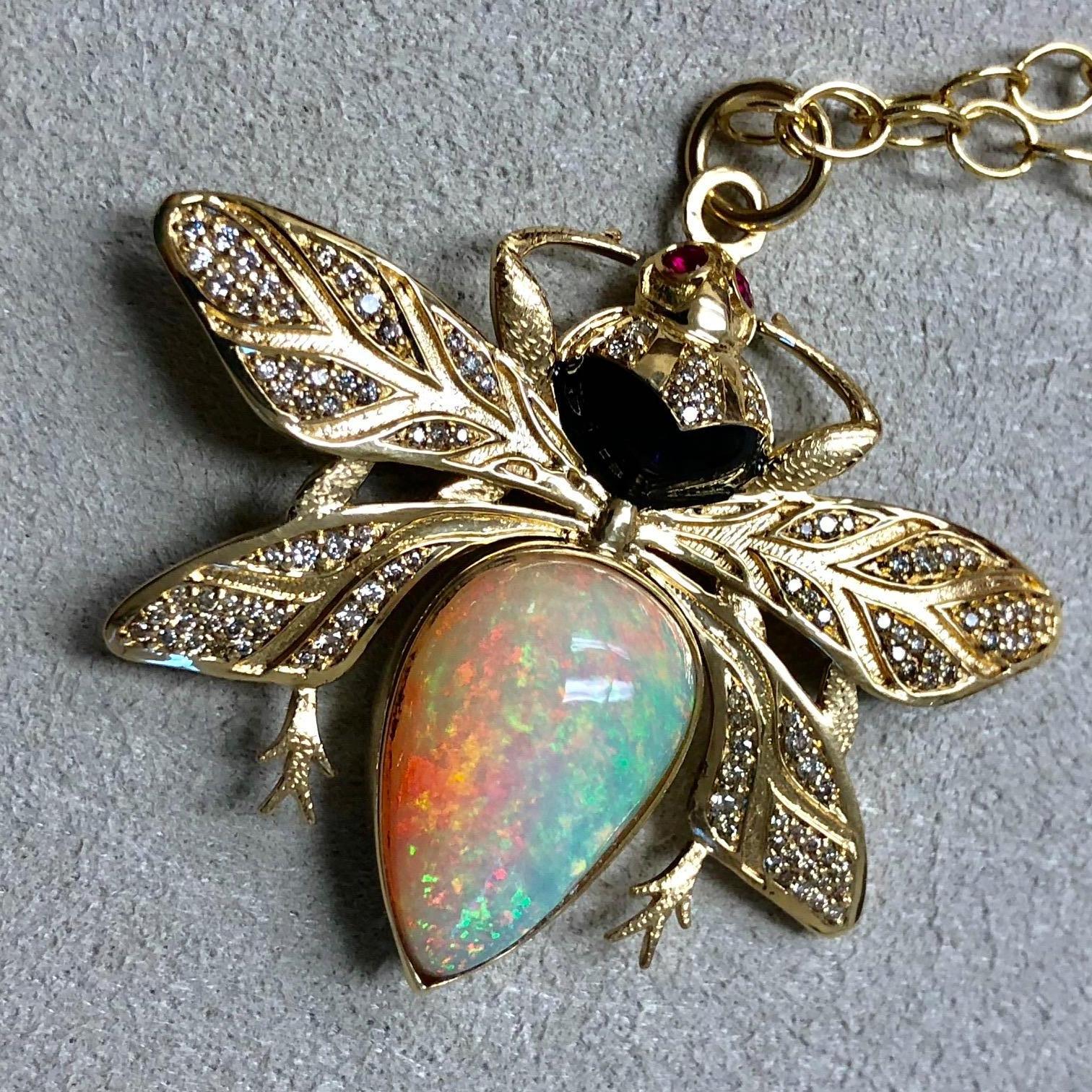 Syna Ethiopian Opal & Ruby Eyed Yellow Gold Bee Pendant with Diamonds 11