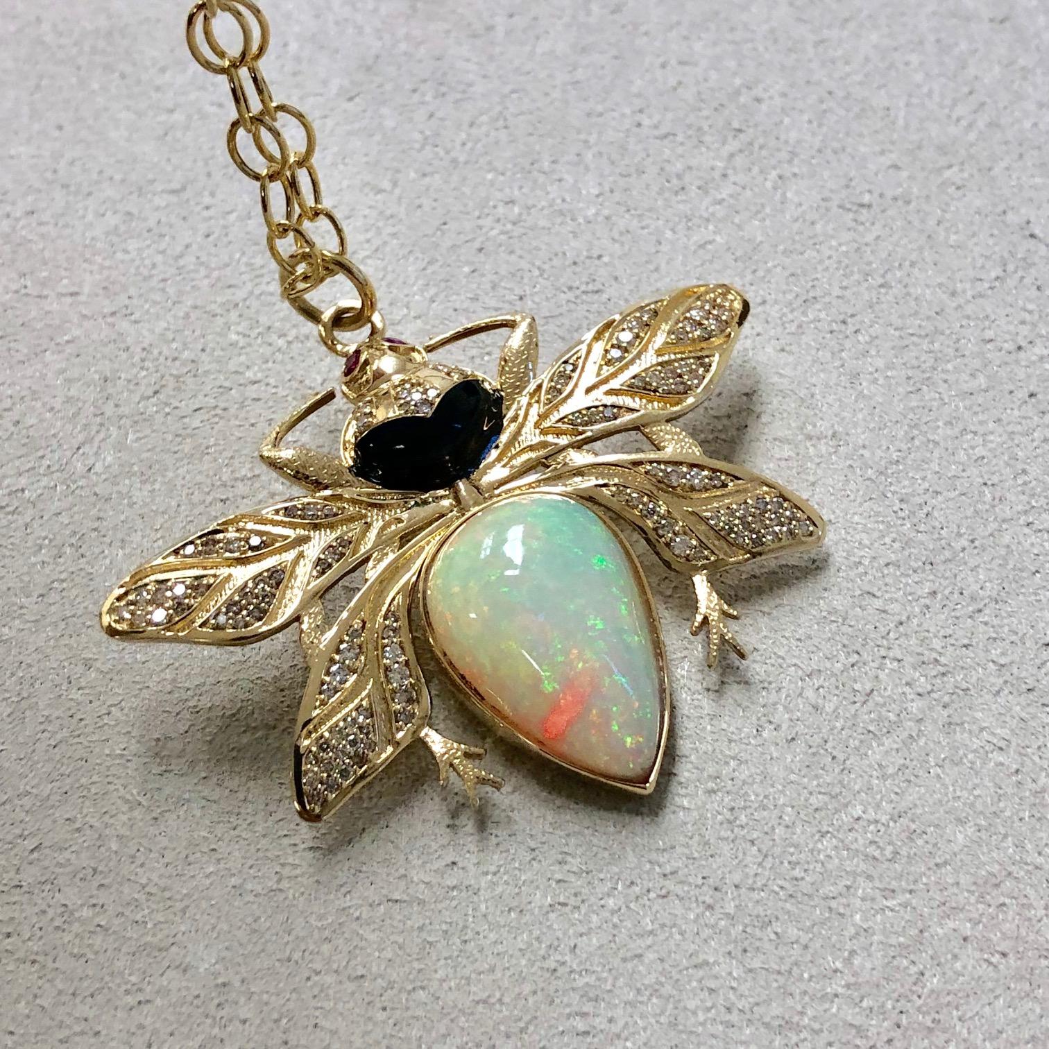 Syna Ethiopian Opal & Ruby Eyed Yellow Gold Bee Pendant with Diamonds 12