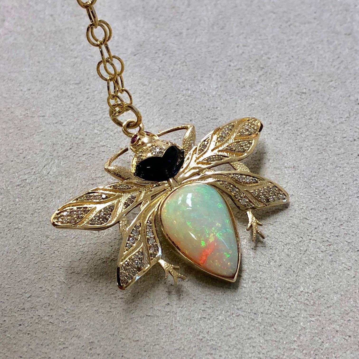 Syna Ethiopian Opal & Ruby Eyed Yellow Gold Bee Pendant with Diamonds 13