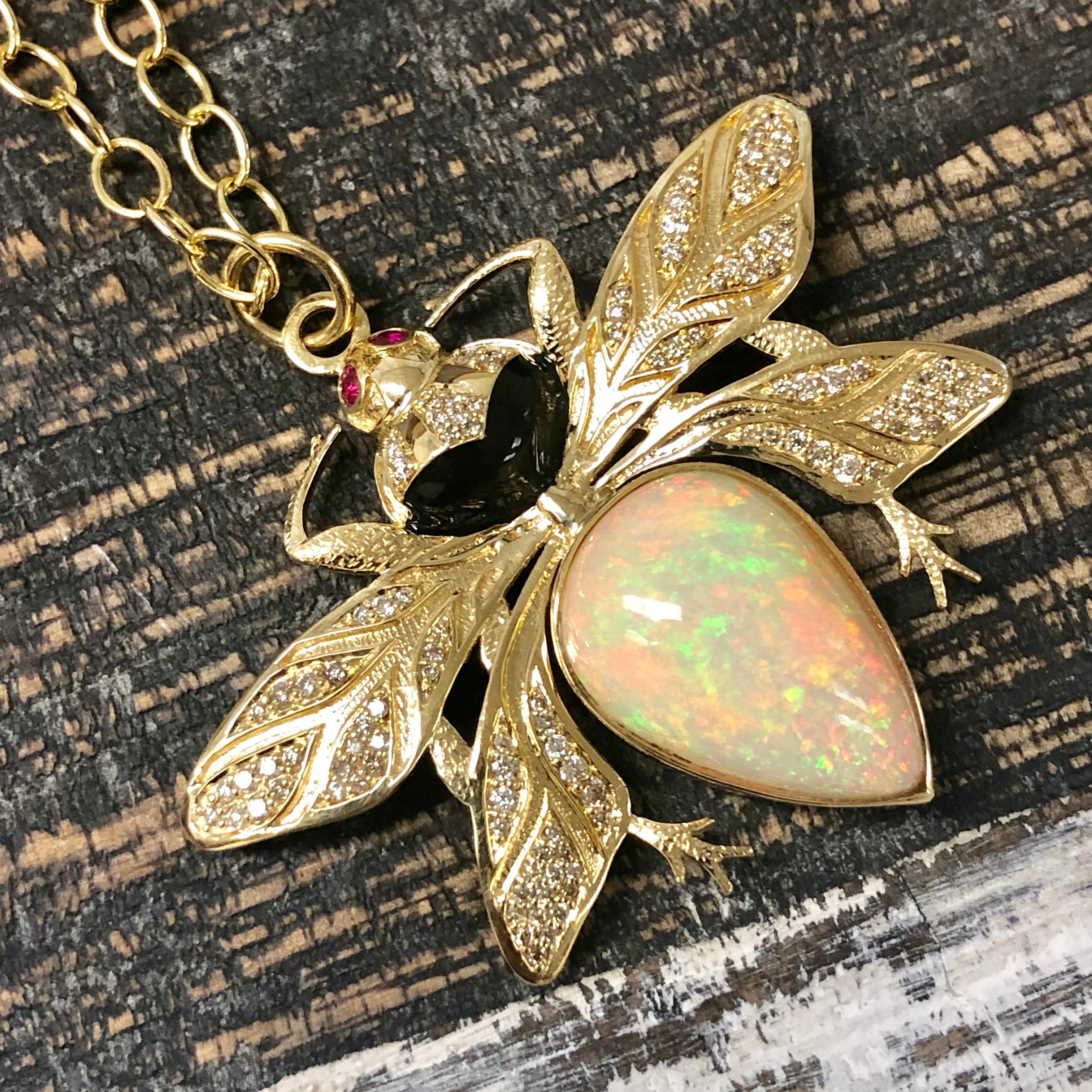 Contemporary Syna Ethiopian Opal & Ruby Eyed Yellow Gold Bee Pendant with Diamonds