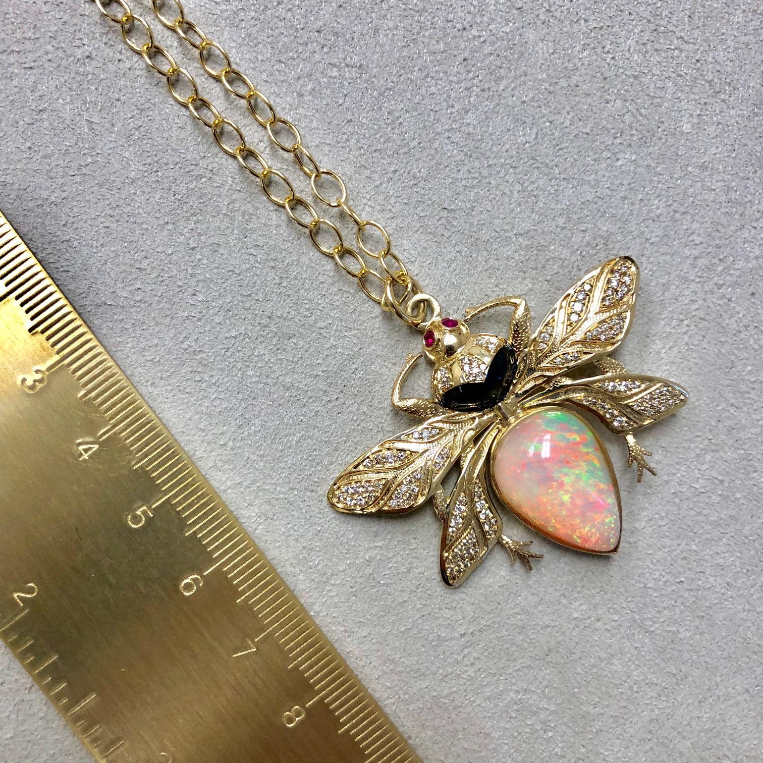 Pear Cut Syna Ethiopian Opal & Ruby Eyed Yellow Gold Bee Pendant with Diamonds