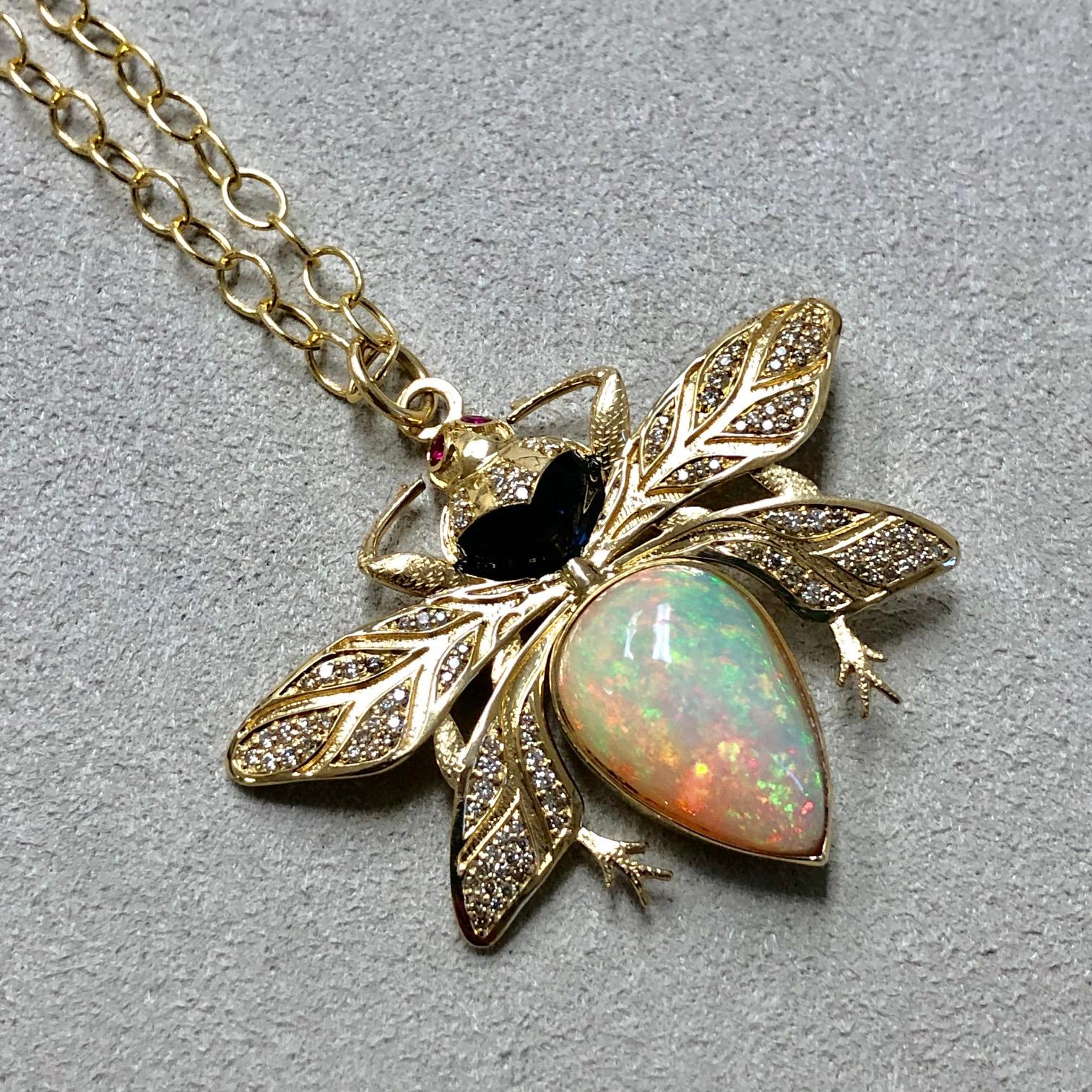 Syna Ethiopian Opal & Ruby Eyed Yellow Gold Bee Pendant with Diamonds In New Condition In Fort Lee, NJ