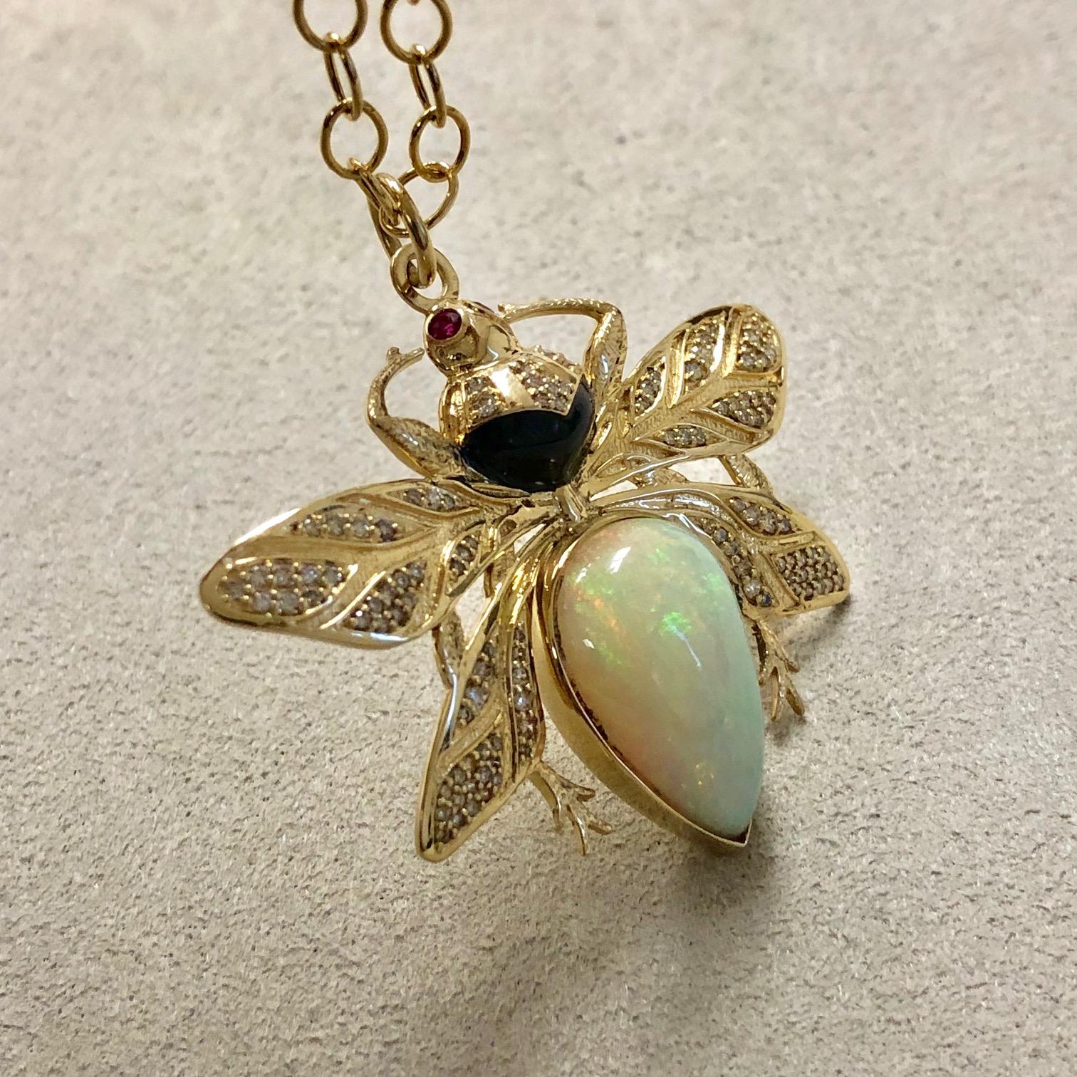 Women's or Men's Syna Ethiopian Opal & Ruby Eyed Yellow Gold Bee Pendant with Diamonds