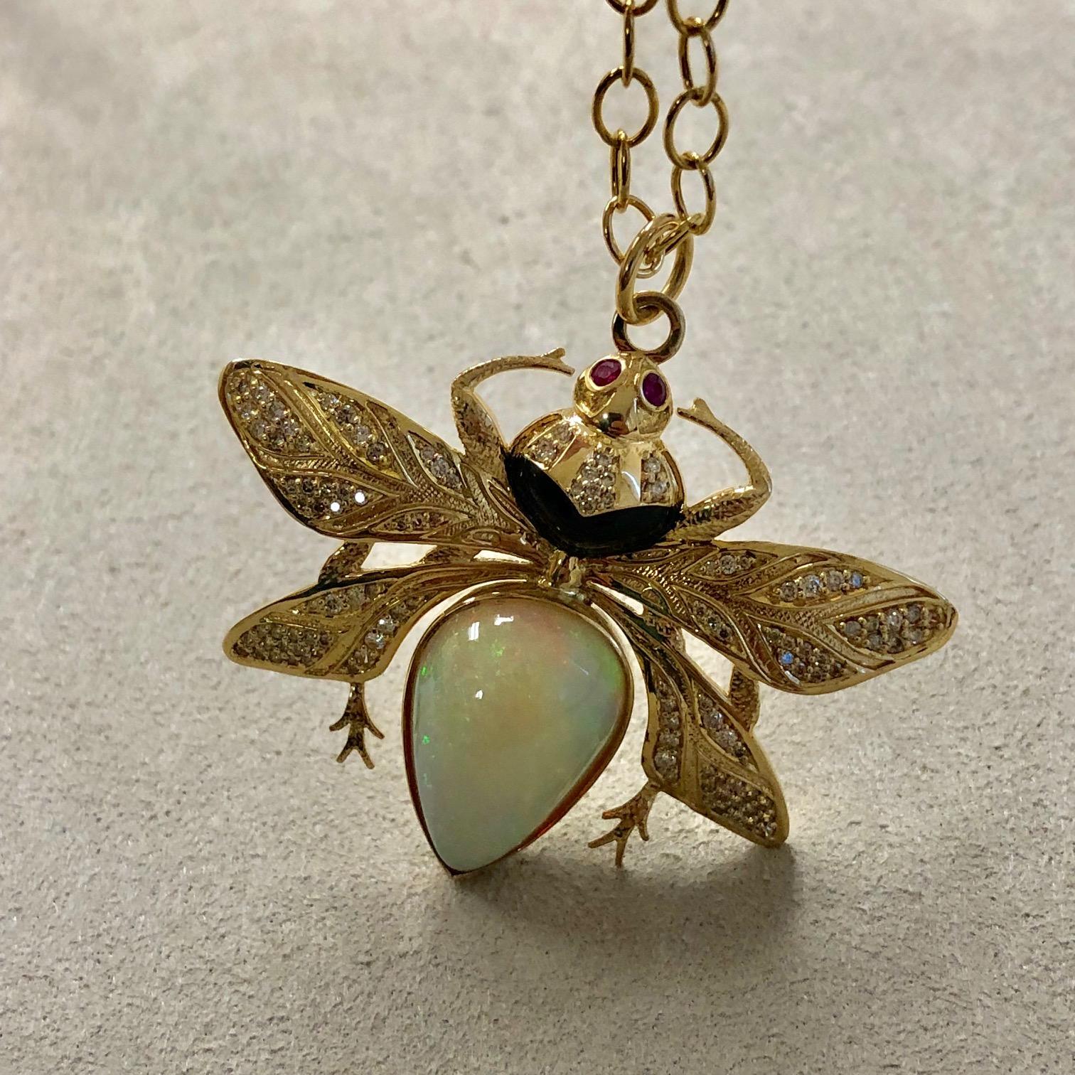Syna Ethiopian Opal & Ruby Eyed Yellow Gold Bee Pendant with Diamonds 1