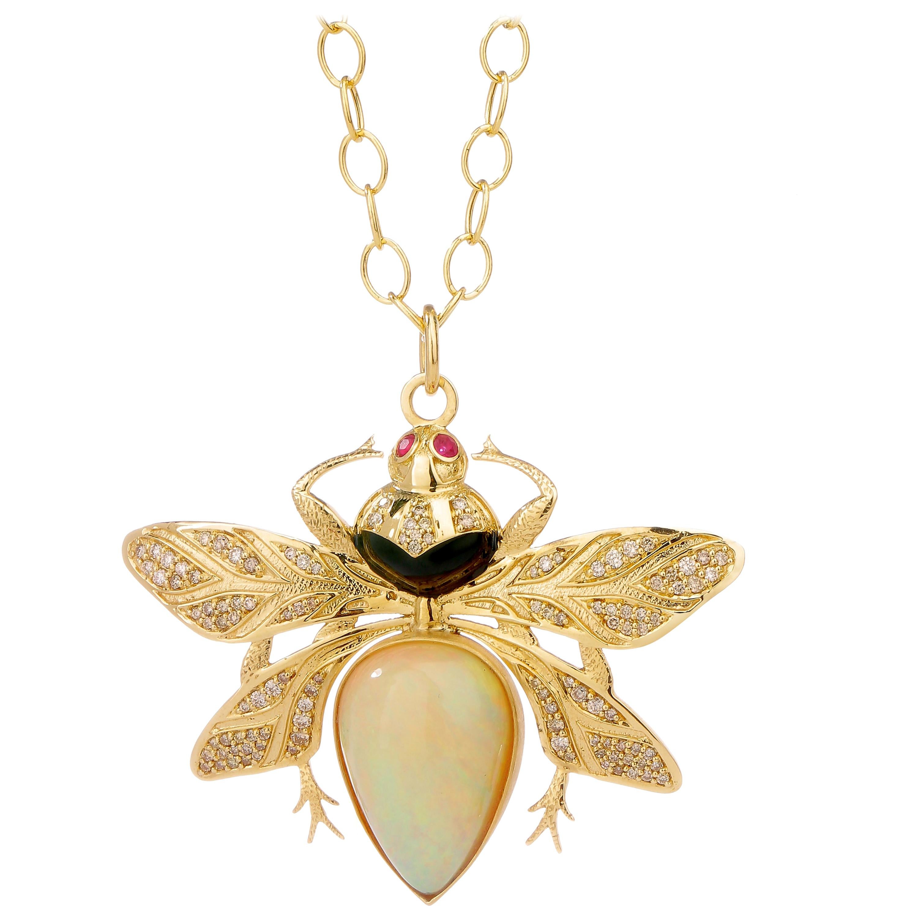 Syna Ethiopian Opal & Ruby Eyed Yellow Gold Bee Pendant with Diamonds