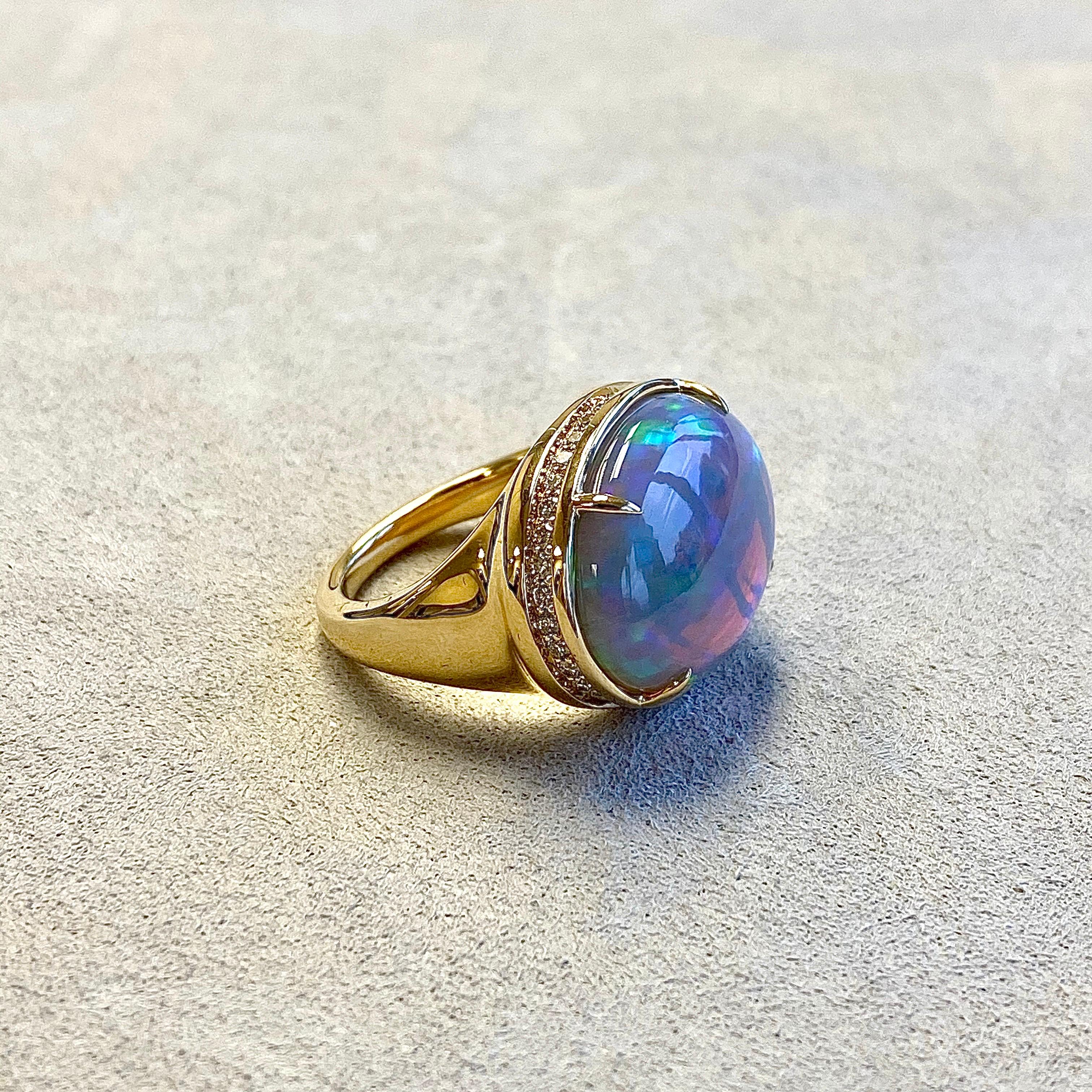 Created in 18 karat yellow gold
Ethiopian Opal 9.75 cts approx
Diamonds 0.45 ct approx
Ring size US 7, can be sized
One of a kind

About the Designers ~ Dharmesh & Namrata

Drawing inspiration from little things, Dharmesh & Namrata Kothari have