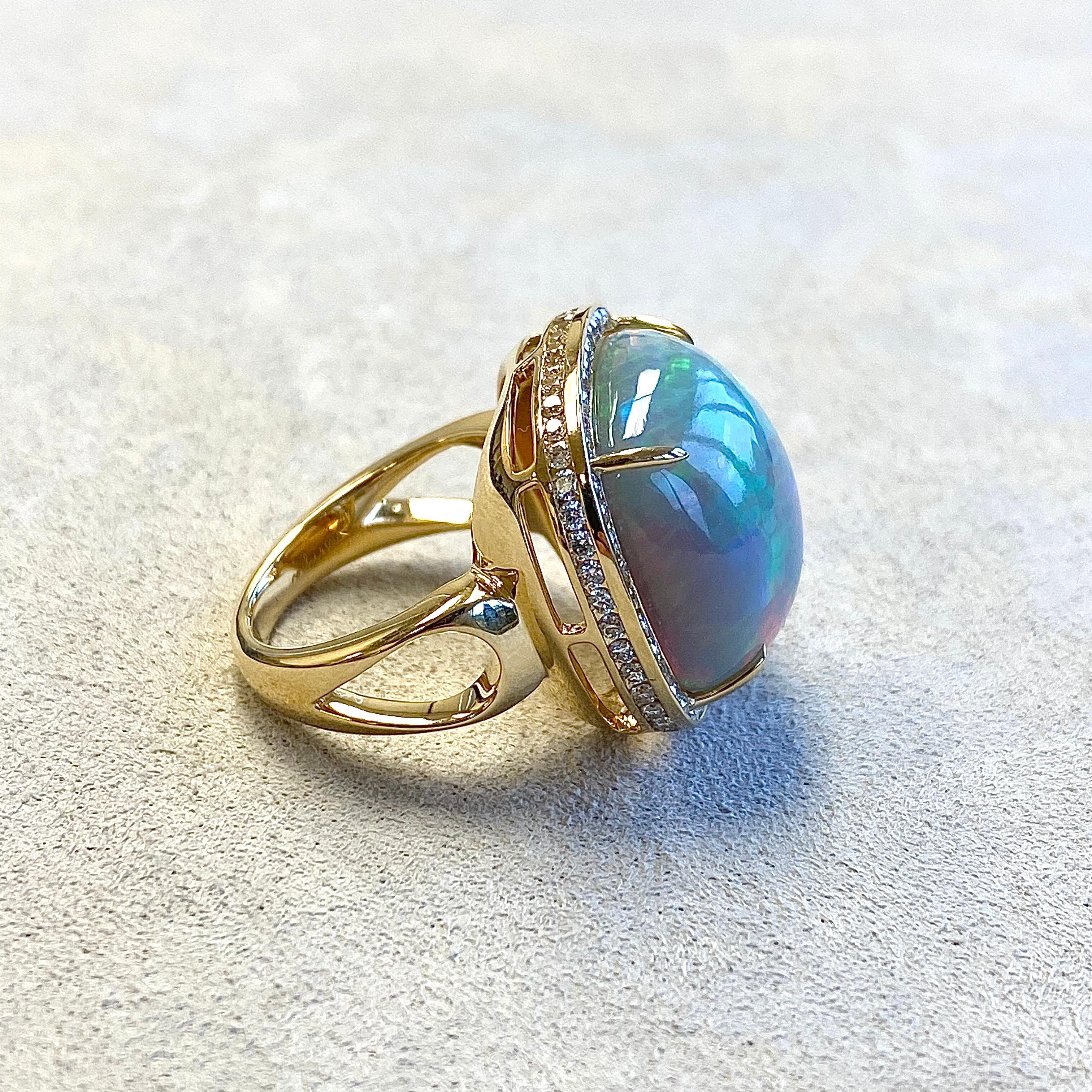 Created in 18 karat yellow gold
Ethiopian Opal 14.5 cts approx
Champagne diamonds 0.85 cts approx
Ring size US 6.5, can be sized
One of a kind

About the Designers ~ Dharmesh & Namrata

Drawing inspiration from little things, Dharmesh & Namrata