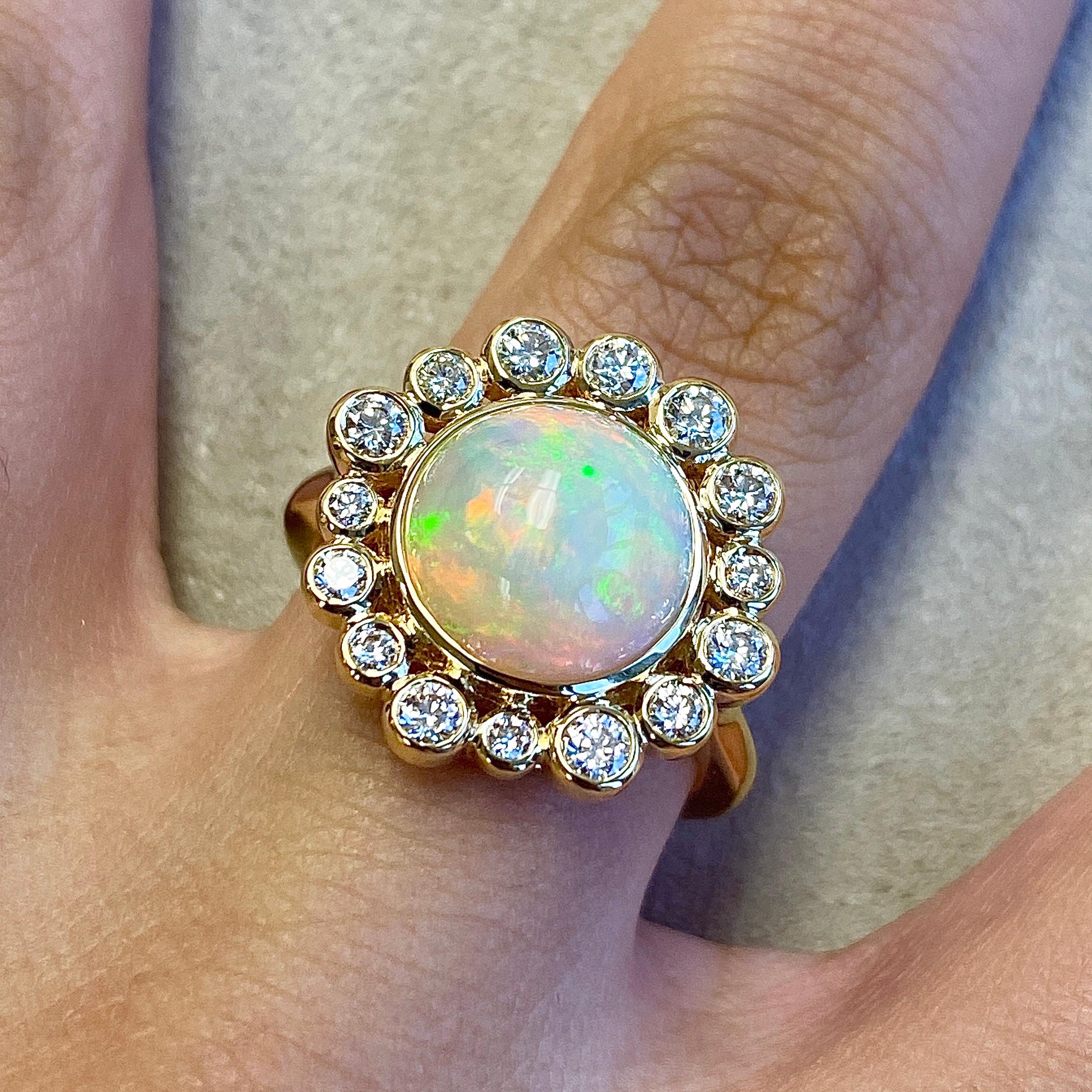 Round Cut Syna Ethiopian Opal Yellow Gold Ring with Diamonds For Sale