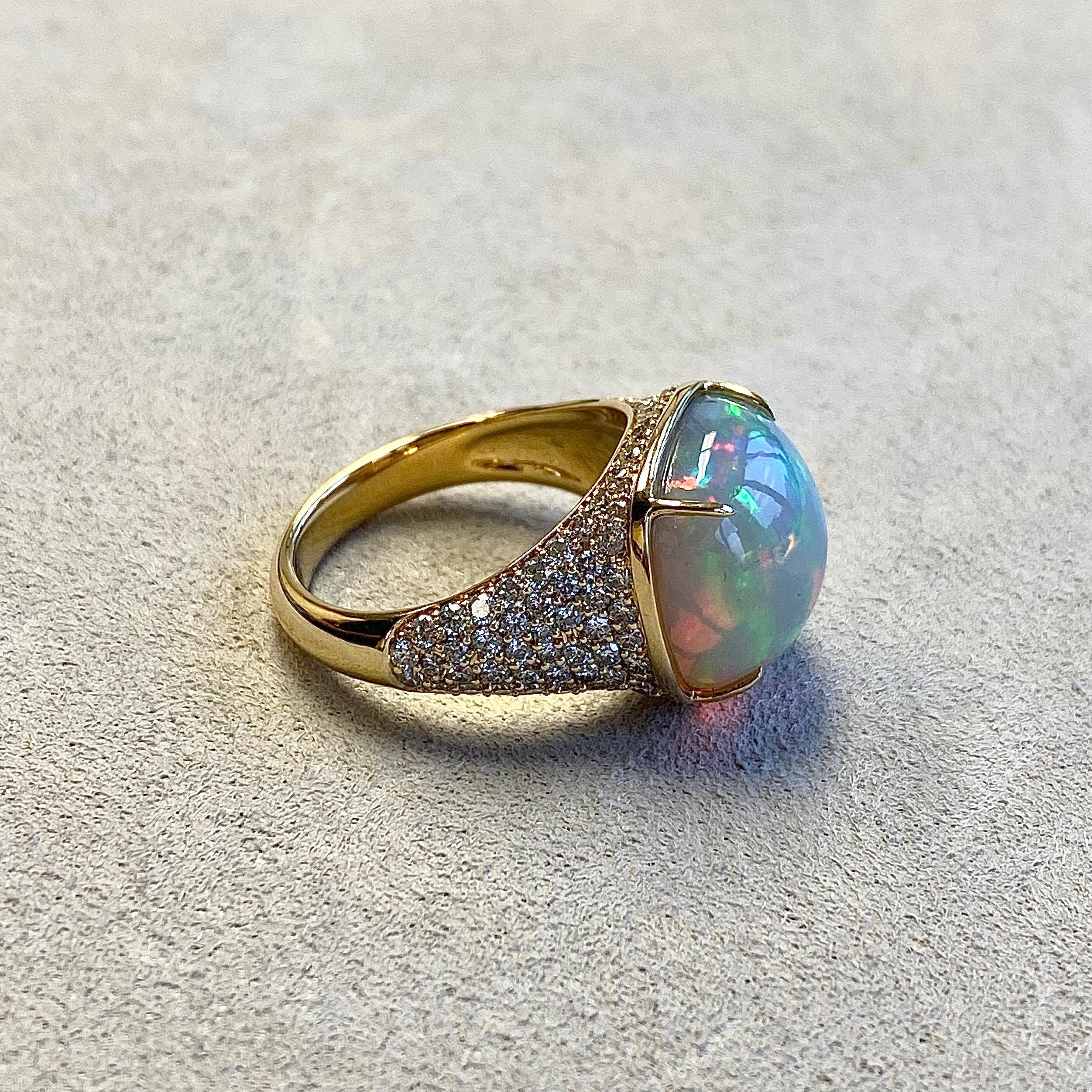 Contemporary Syna Ethiopian Opal Yellow Gold Ring with Diamonds For Sale