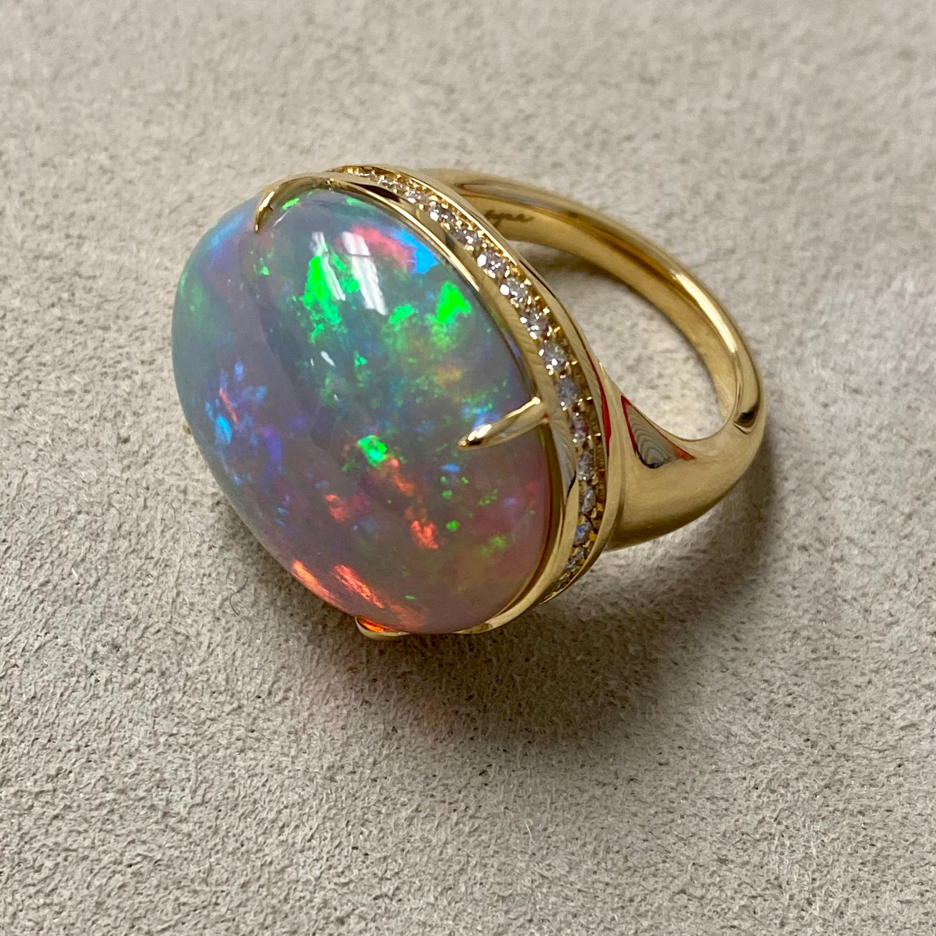 Round Cut Syna Ethiopian Opal Yellow Gold Ring with Champagne Diamonds