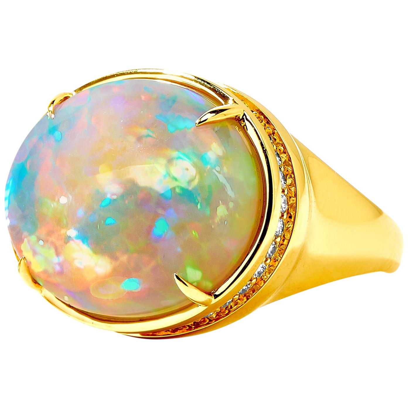 Syna Ethiopian Opal Yellow Gold Ring with Diamonds For Sale
