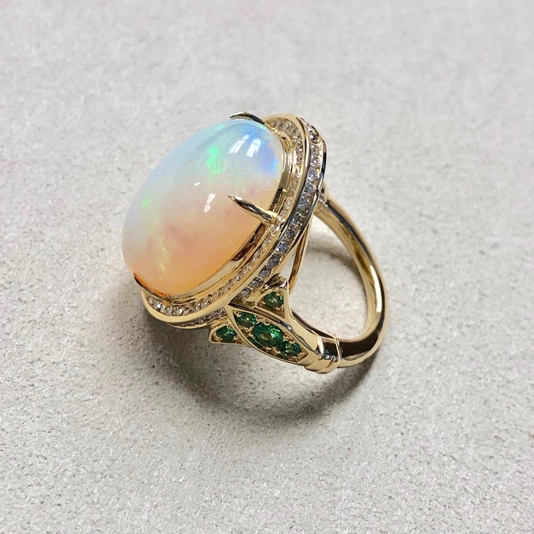 Syna Ethiopian Opal Yellow Gold Ring with Tsavorite and Champagne ...