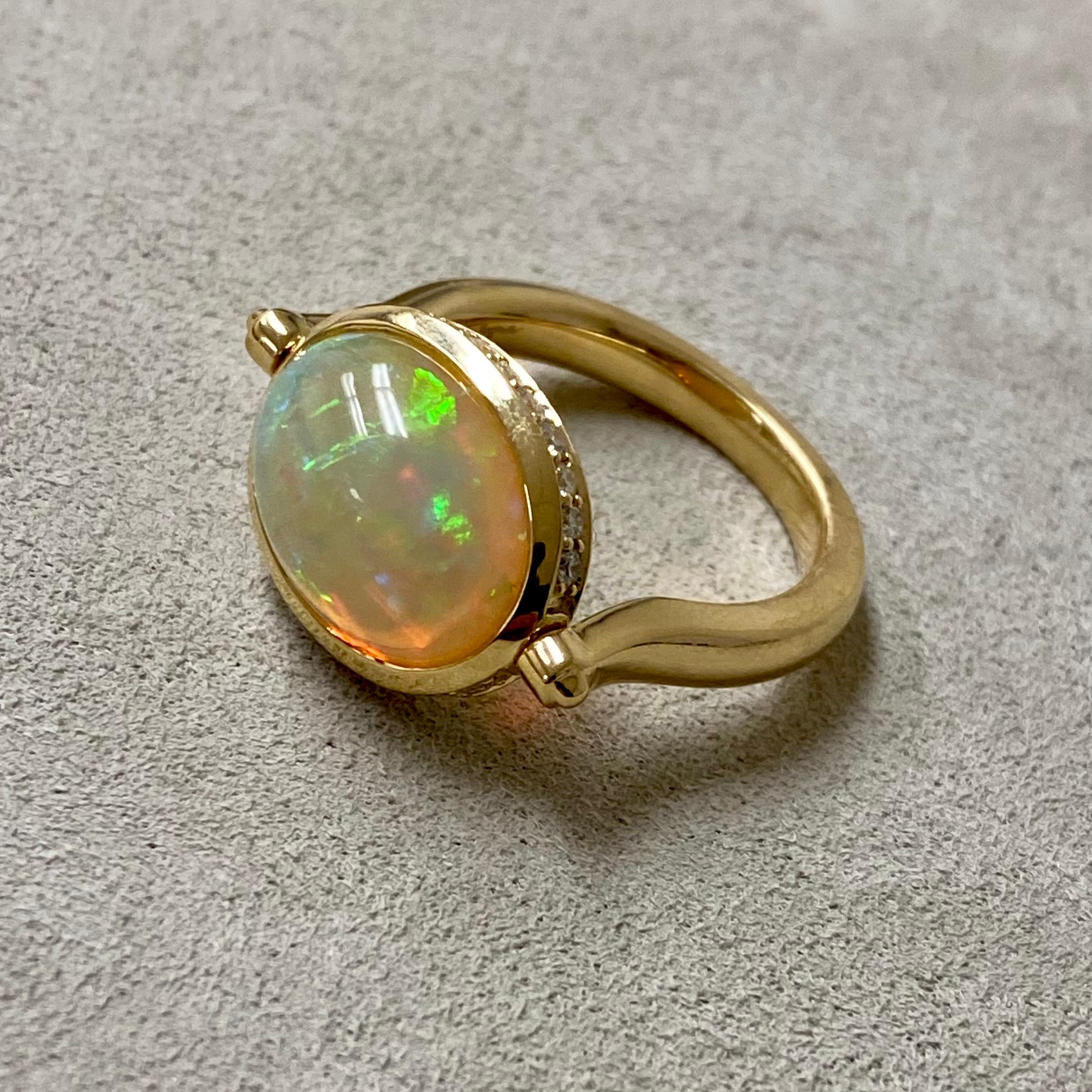 Contemporary Syna Ethiopian Opal Yellow Gold Swivel Ring with Diamonds For Sale
