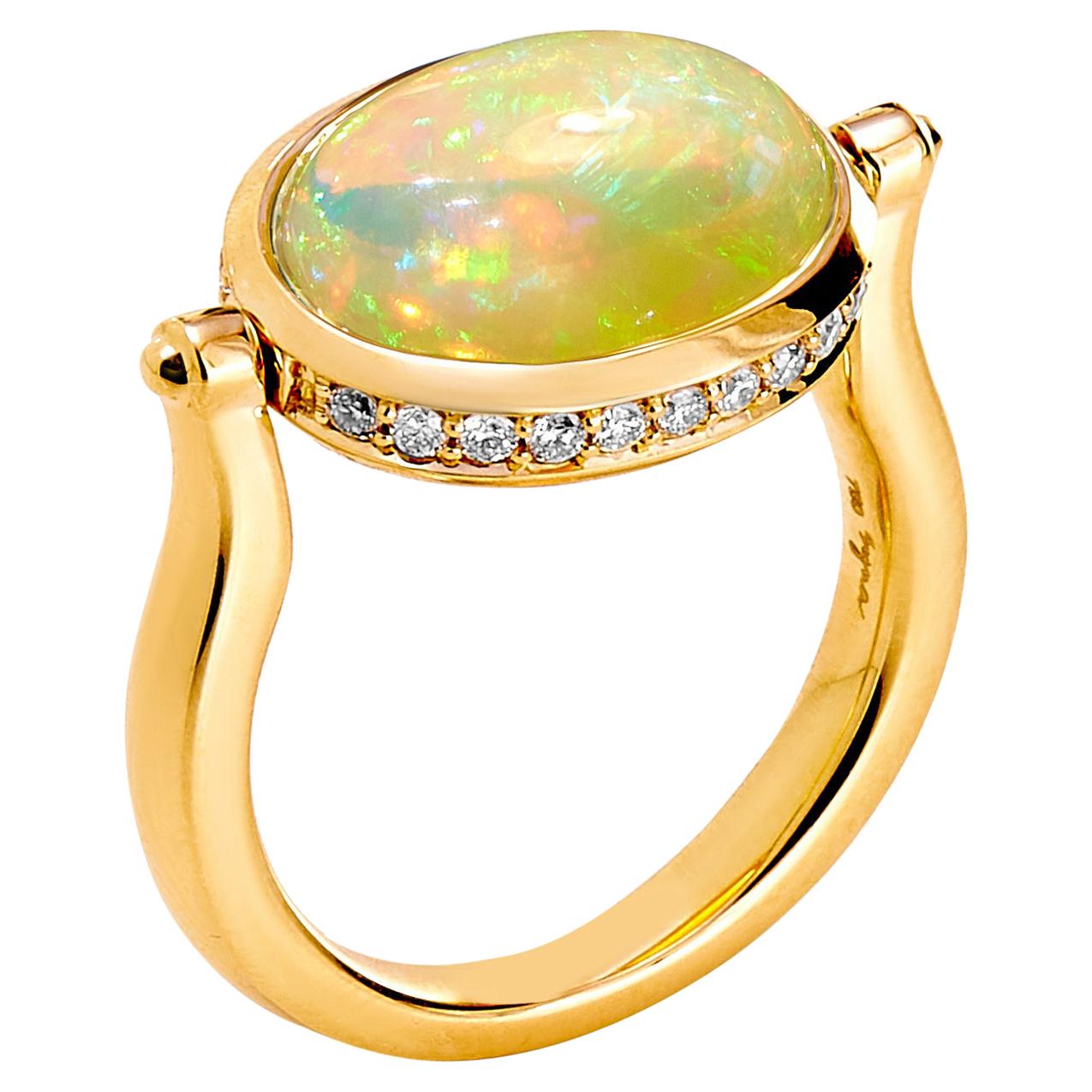 Syna Ethiopian Opal Yellow Gold Swivel Ring with Diamonds For Sale