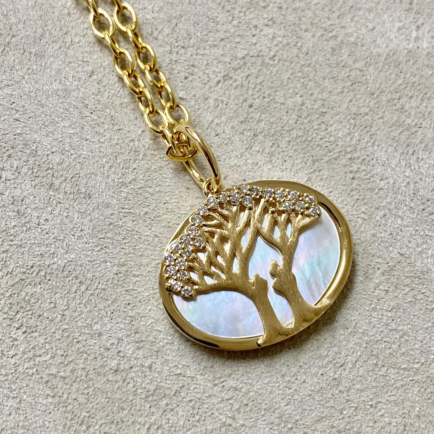 Contemporary Syna Flowering Tree Pendant with Mother of Pearl and Champagne Diamonds For Sale