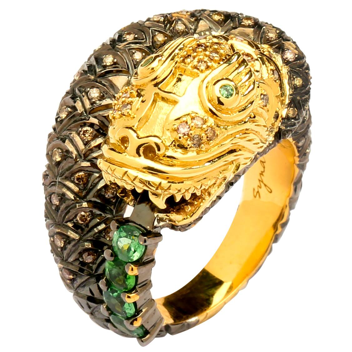 Syna Gold Oxidized Silver Snake Ring with Tsavorite and Diamonds