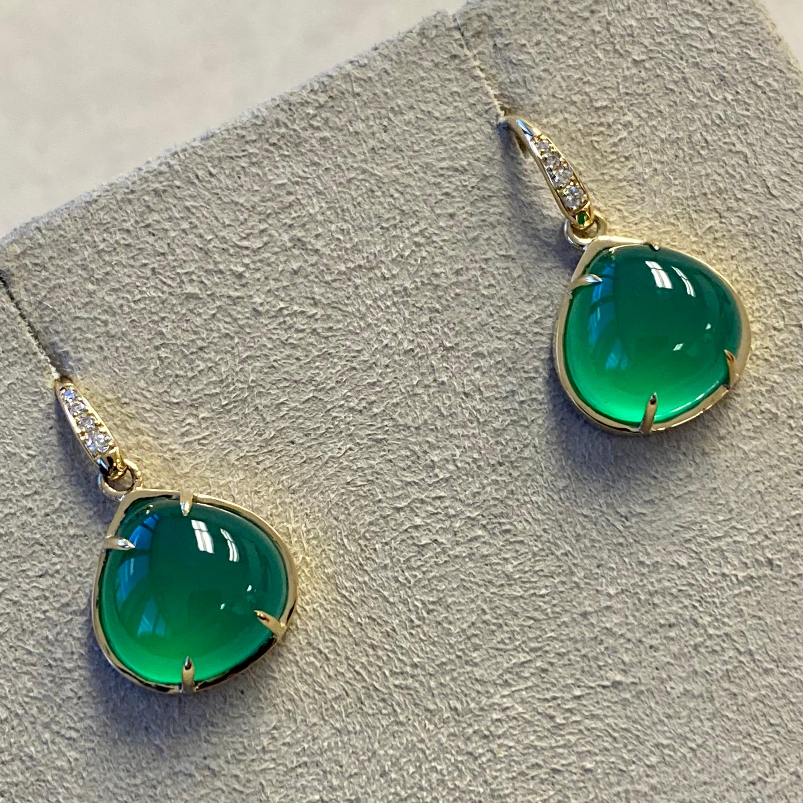 Contemporary Syna Green Chalcedony Yellow Gold Earrings with Champagne Diamonds For Sale