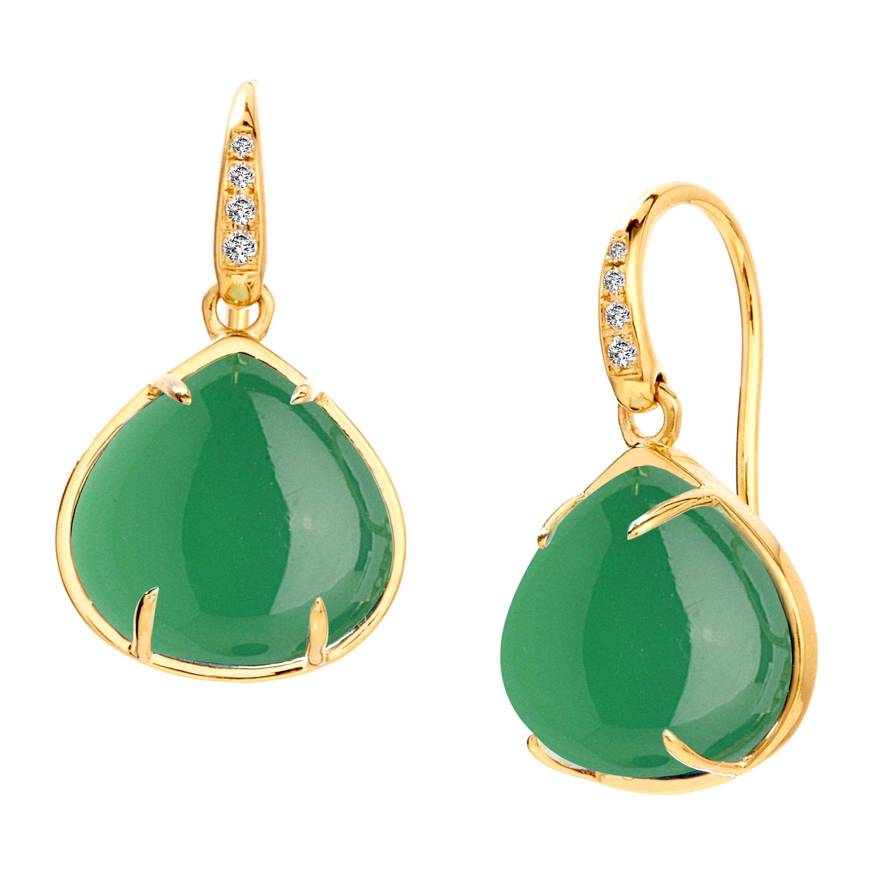 Syna Green Chalcedony Yellow Gold Earrings with Champagne Diamonds For Sale